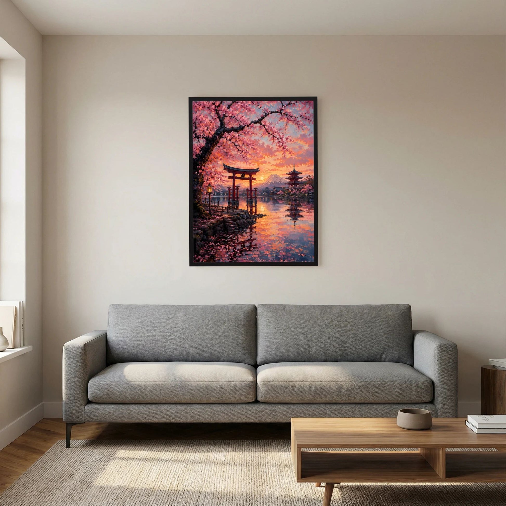Schwarz gerahmtes hochformatiges Poster mit Torii, Kirschblüten und Fuji bei Sonnenuntergang