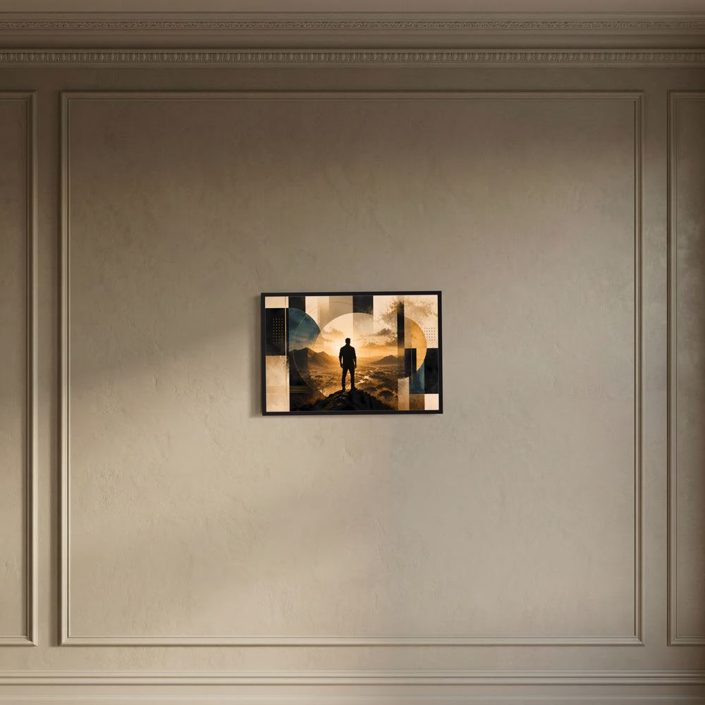Wandbild im Querformat mit Mann vor Berglandschaft, gold-schwarze abstrakte Formen im Detail