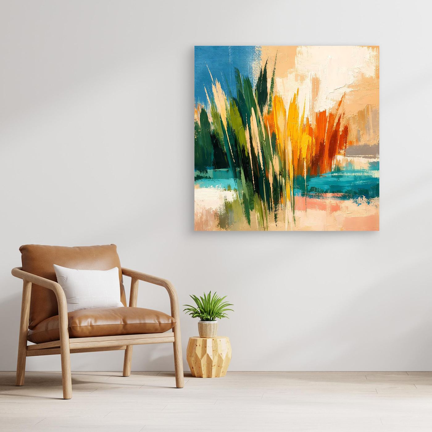 Leinwand-Wandbild als abstrakte Nahansicht: Schilf in Grün, Gelb und Orange