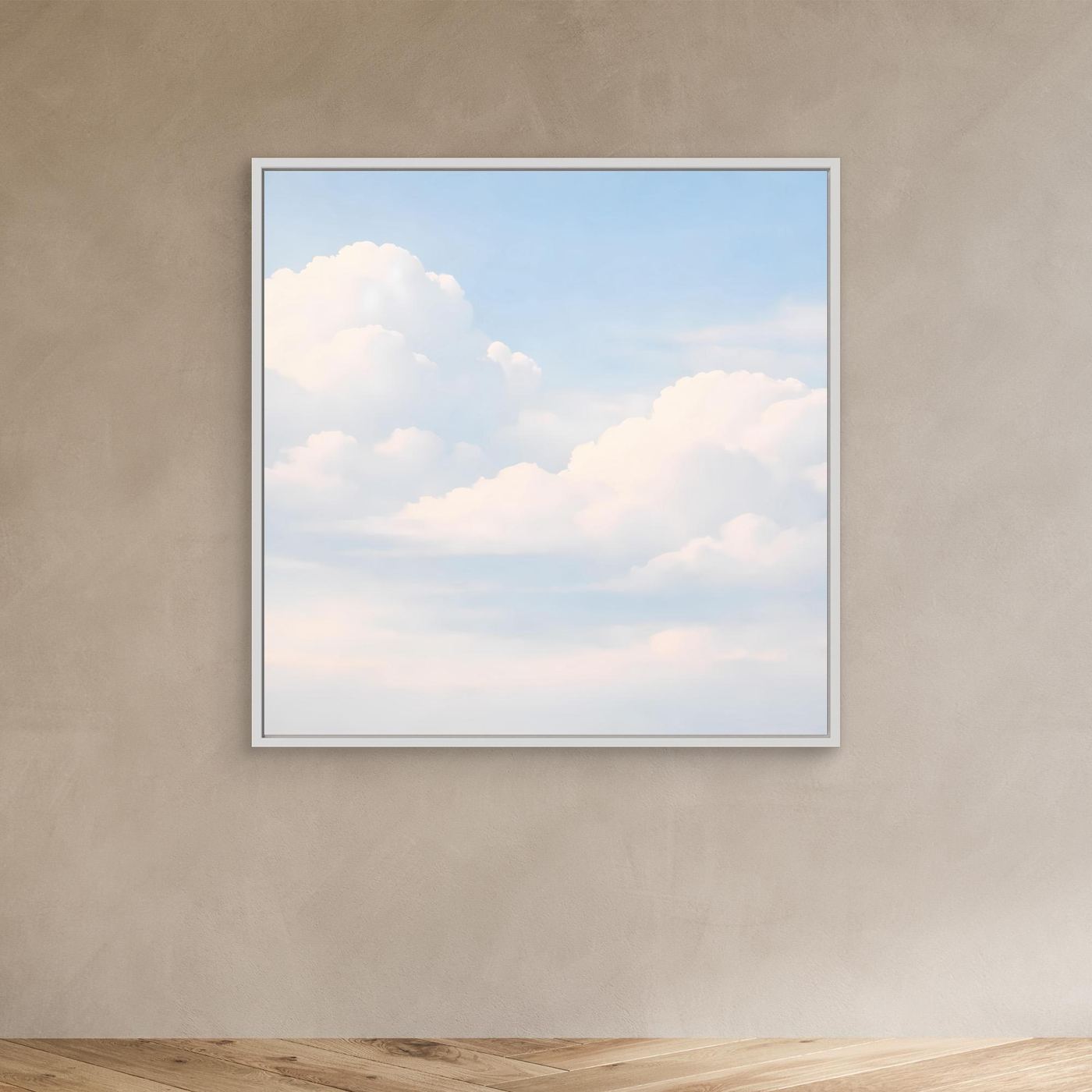 Quadratisches Leinwandbild mit pastellfarbenen Wolken am hellblauen Himmel, silberner Rahmen