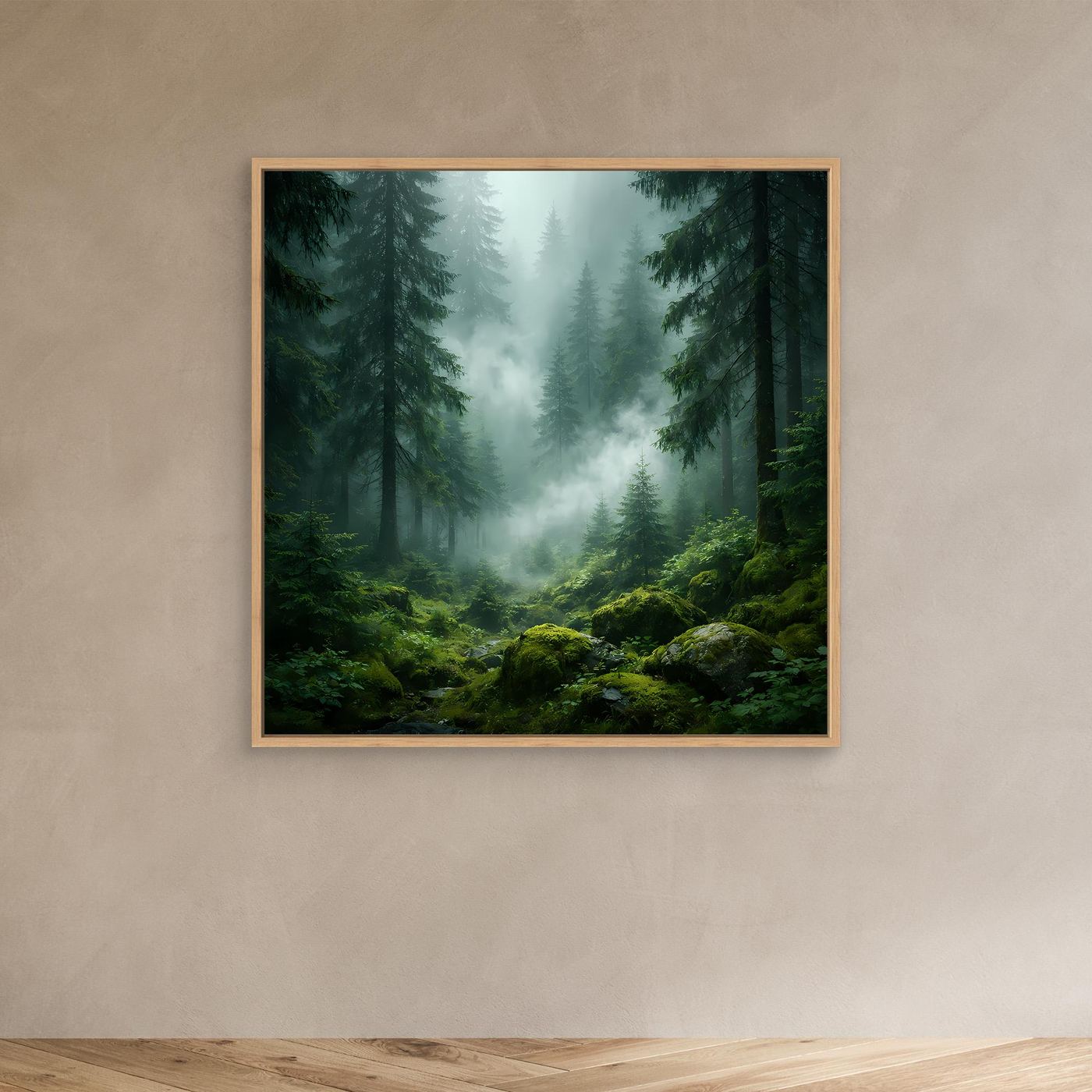 Quadratisches Leinwandbild Wald mit Nebel, Tannen und moosigen Felsen, Eichenrahmen