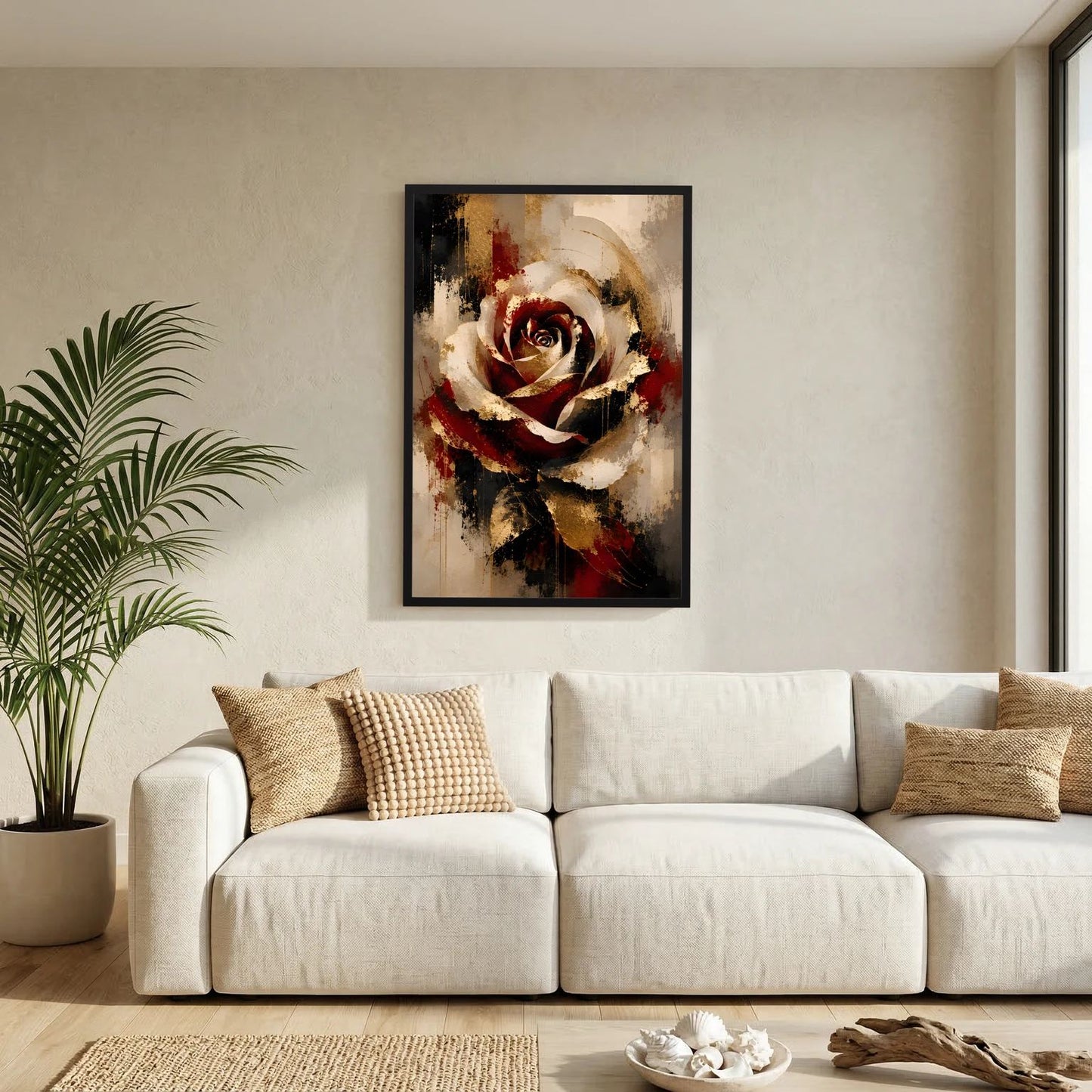 Wandposter mit abstrakter Rose in Rot, Gold und Schwarz, schwarz gerahmt