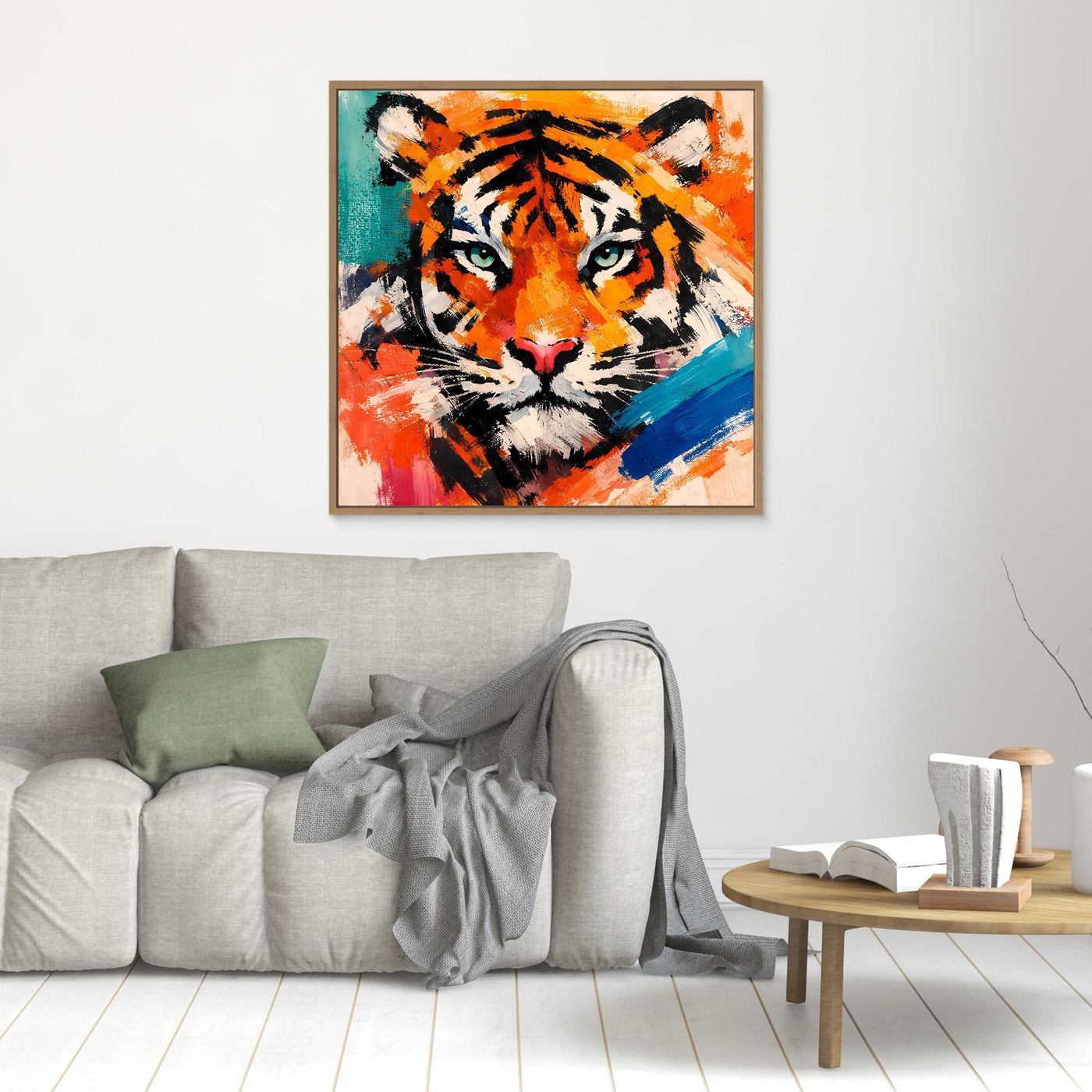 Abstract tiger canvas wall art with orange and teal brushstrokes; light wood frame.