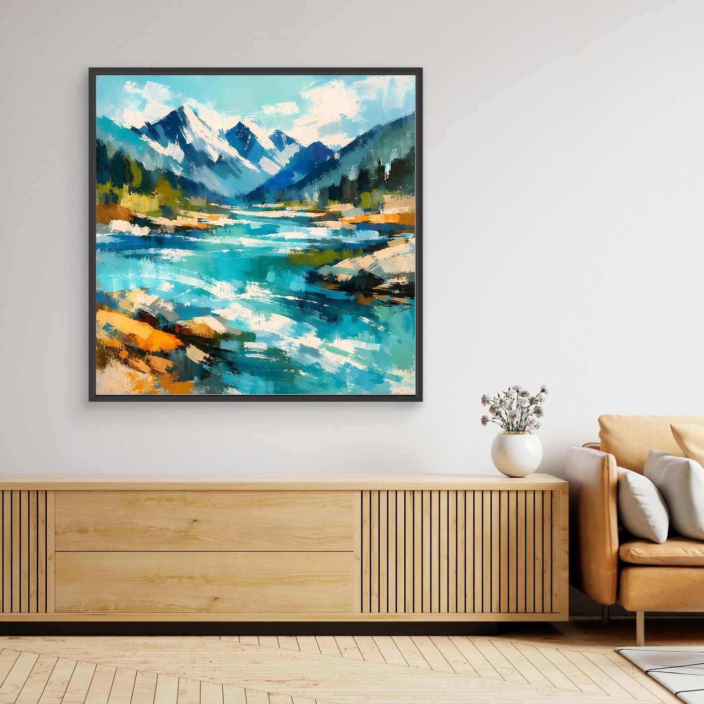 Leinwand-Wandbild mit Alpenbergen und Fluss, türkisfarbene Wasserflächen, schwarzer Rahmen