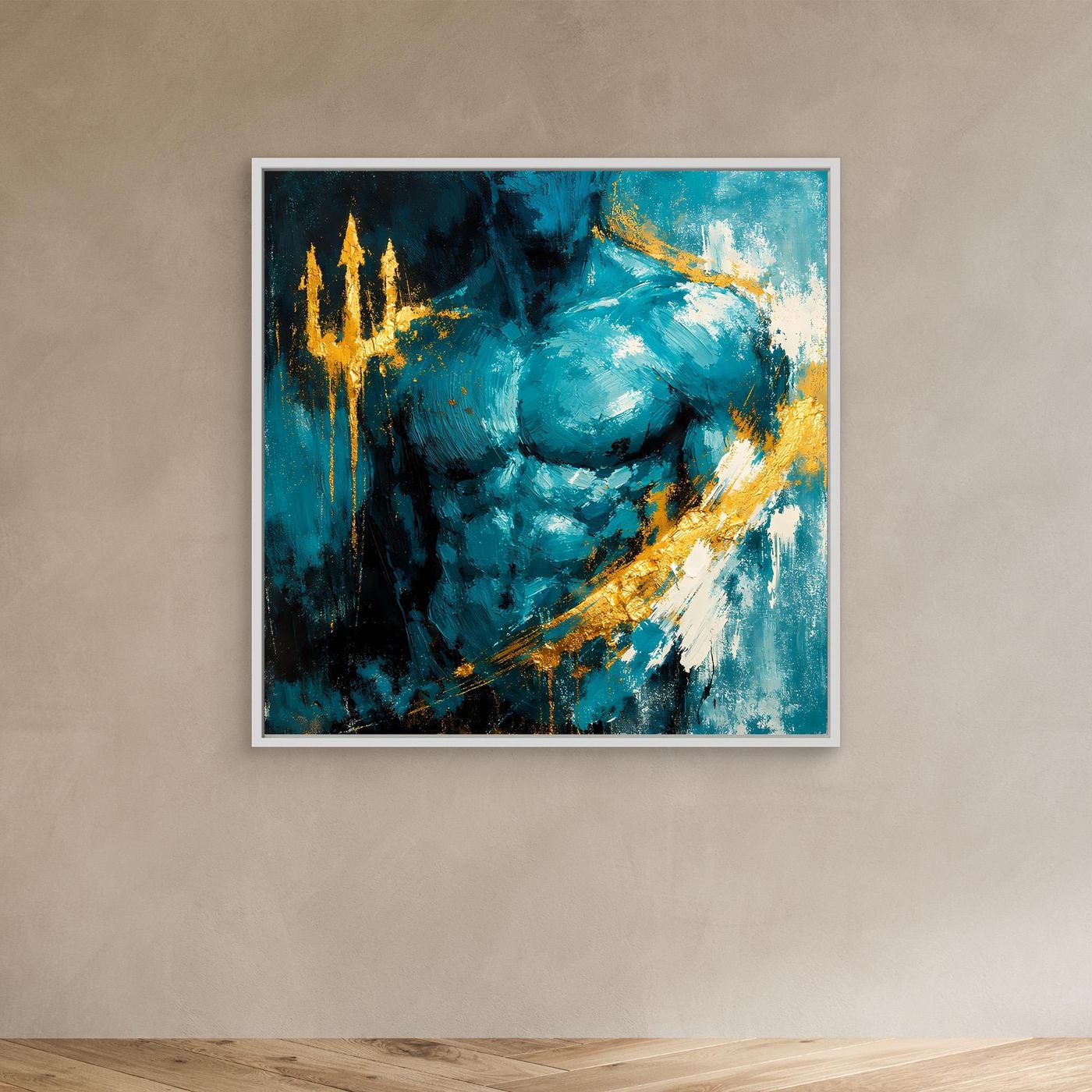 Leinwand Kraftvoller Poseidon in Türkis | Abstraktes Meeresgott Wandbild Gold