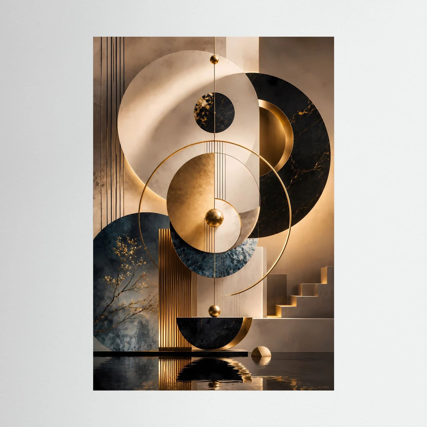 Abstraktes Poster (Hochformat) mit goldenen und schwarzen Kreisen, beige und petrol Details