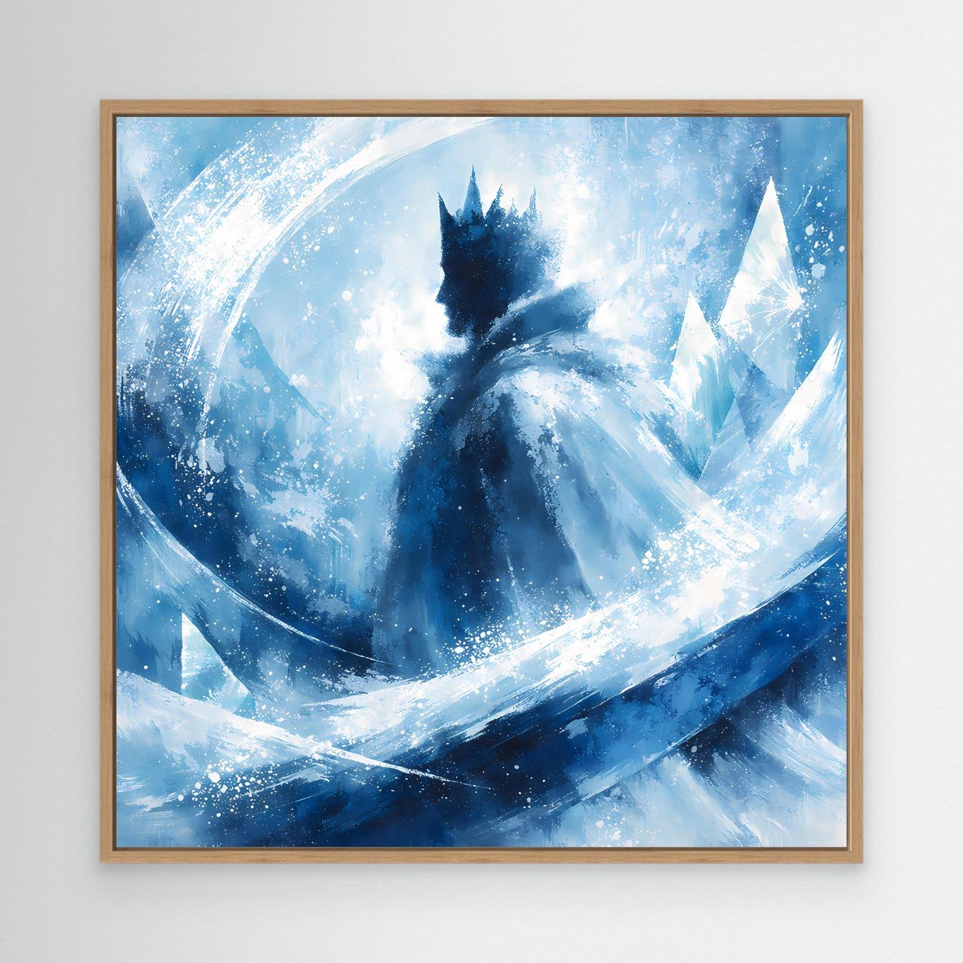 Leinwandbild mit abstraktem Wintermotiv Blau im Eichenrahmen, Eiskönigin-Silhouette