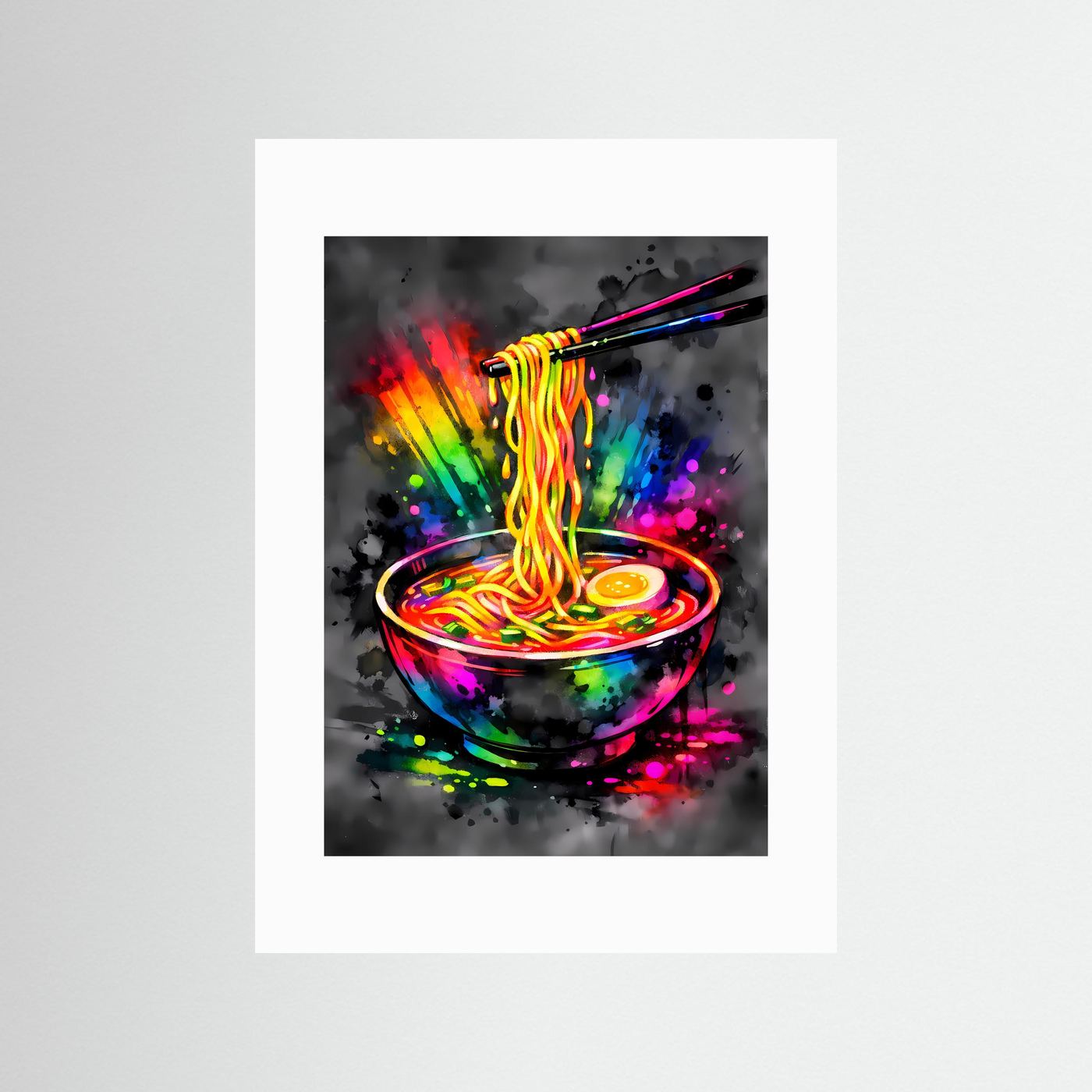 Die Kunst des Genusses | Neon Ramen Poster in Regenbogenfarben & Schwarz | Abstraktes Pop-Art Kunstposter Hochformat