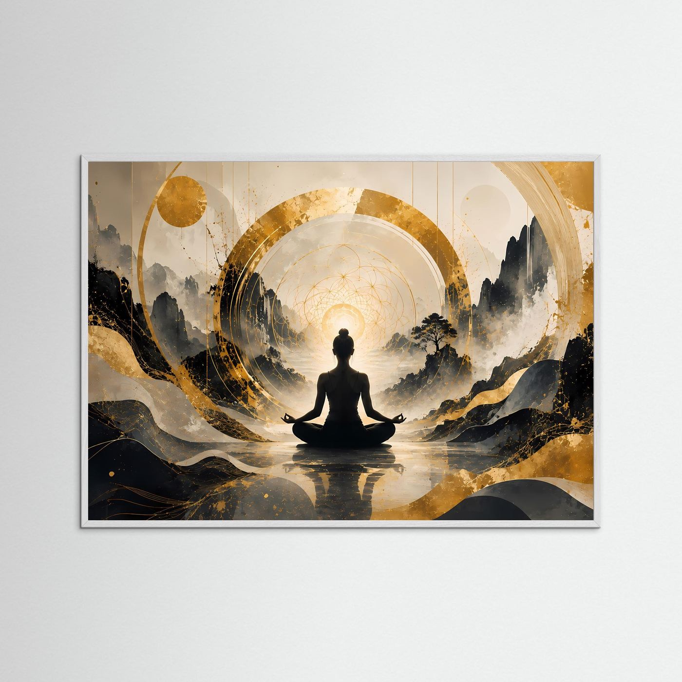 Meditierende Frau in Berglandschaft | Spirituelle Kunst in Schwarz & Gold