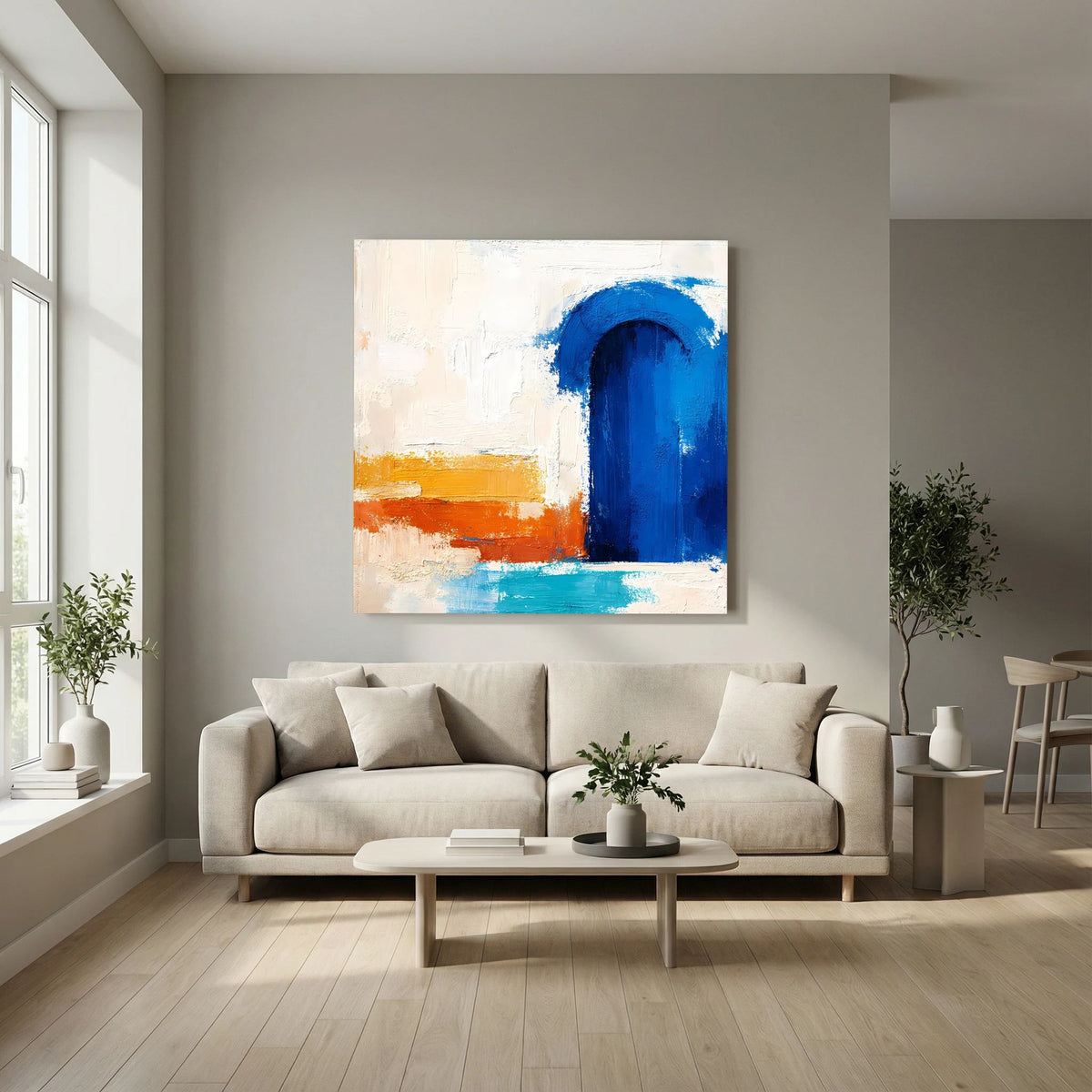 Weiß gerahmtes Leinwandbild mit blauem Torbogen und orange-blauen Farbakzenten