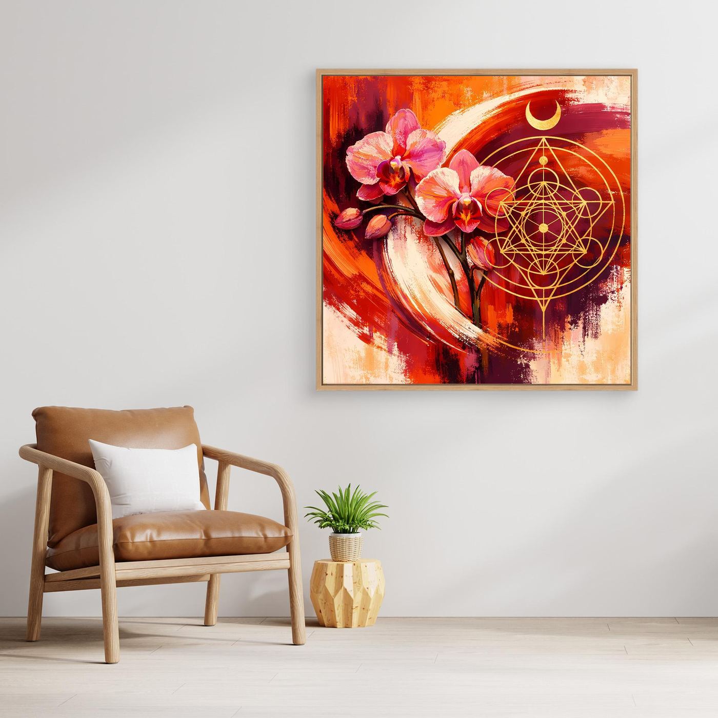 Gold gerahmtes Wandbild mit Orchidee, orangeem Farbwirbel und heiligen Geometrie-Symbolen