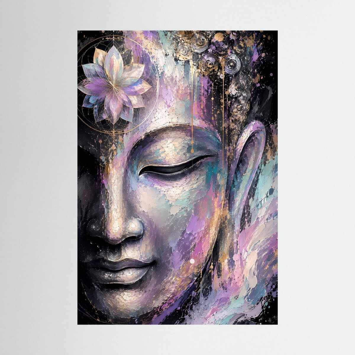Kunstposter mit abstraktem Buddha-Gesicht in Pastell und Gold, Kopf von violettem Lotus umrahmt