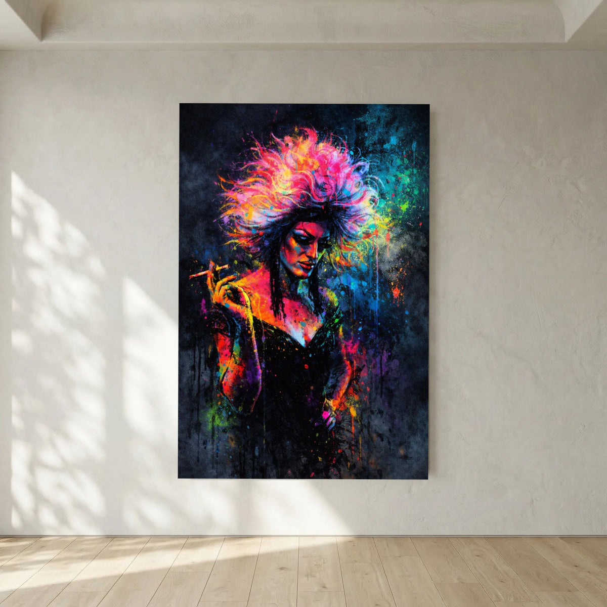 Hochformatiges Wandposter mit Drag Queen, Zigarette und bunten Neon-Spritzfarben im Kunststil