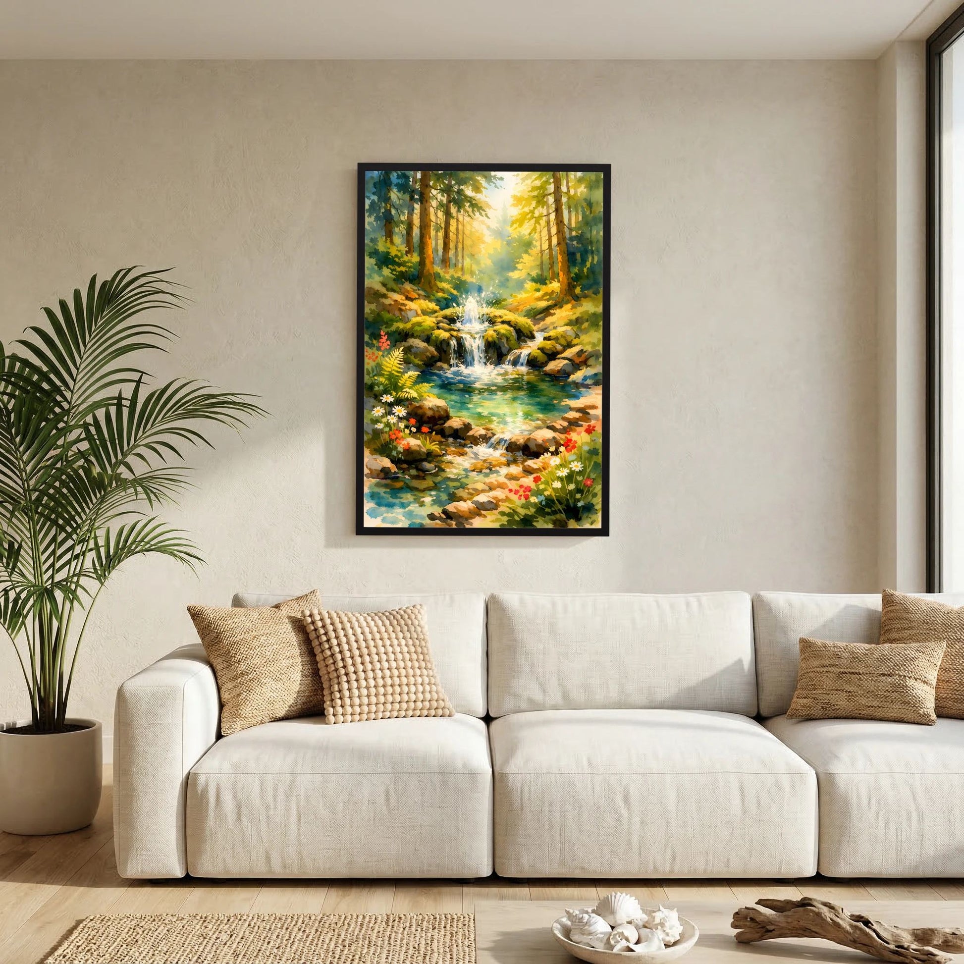 Wandposter im Hochformat mit Wasserfall im Wald, Blumen am Bach, schwarzer Rahmen.