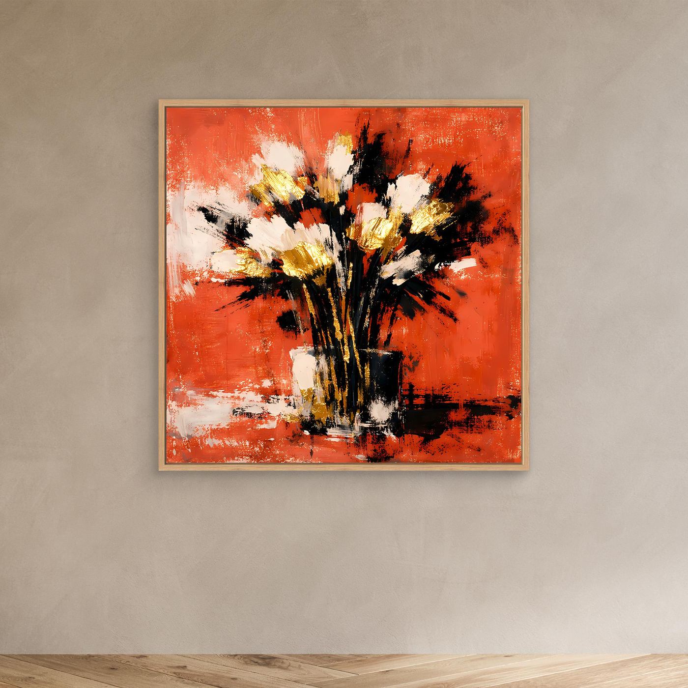 Leinwand-Wandbild mit abstraktem Blumenstrauß, Terrakotta, Weiß und Gold im Holzrahmen