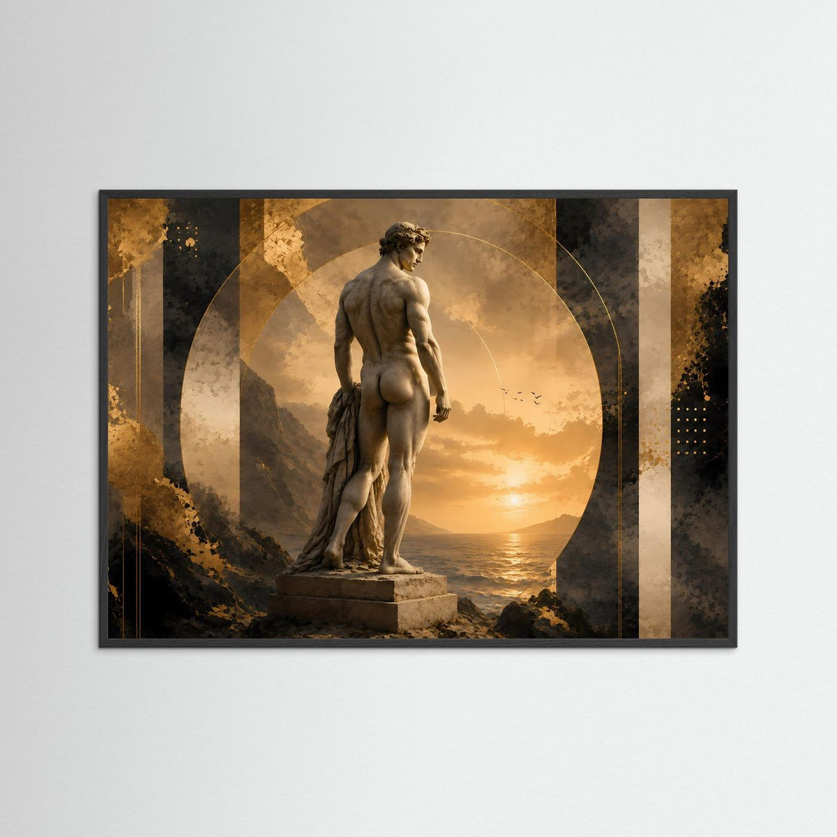 Poster mit Holzrahmen (dunkel) und antiker Männerstatue auf Sockel, Gold und Schwarz