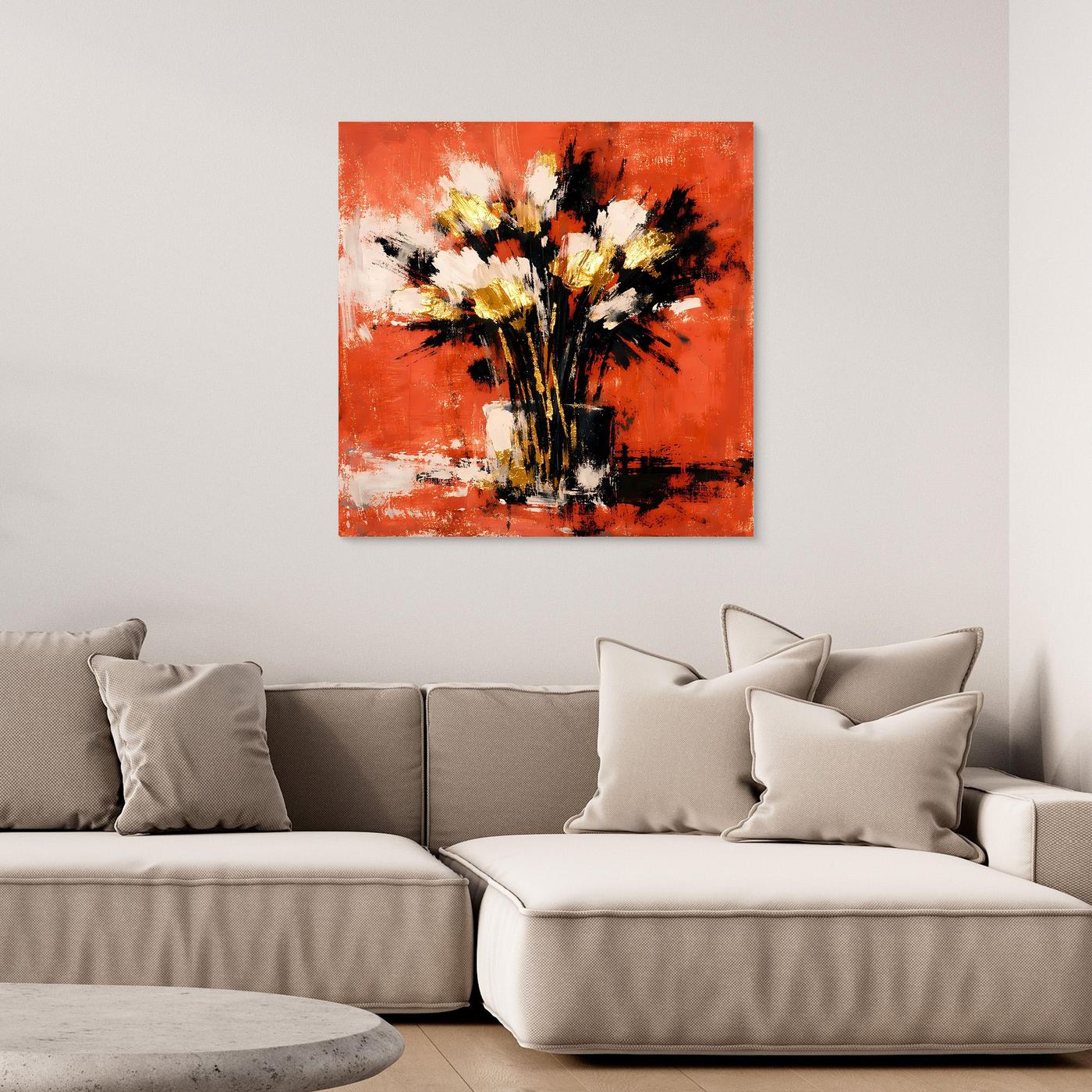 Abstraktes Blumenstrauß-Wandbild: orange-roter Hintergrund, schwarze Vase, gelb-weiße Blüten.