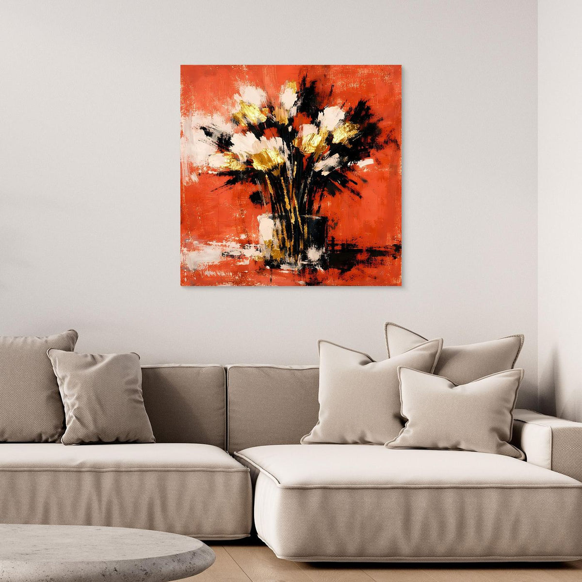 Abstraktes Blumenstrauß-Wandbild: orange-roter Hintergrund, schwarze Vase, gelb-weiße Blüten.