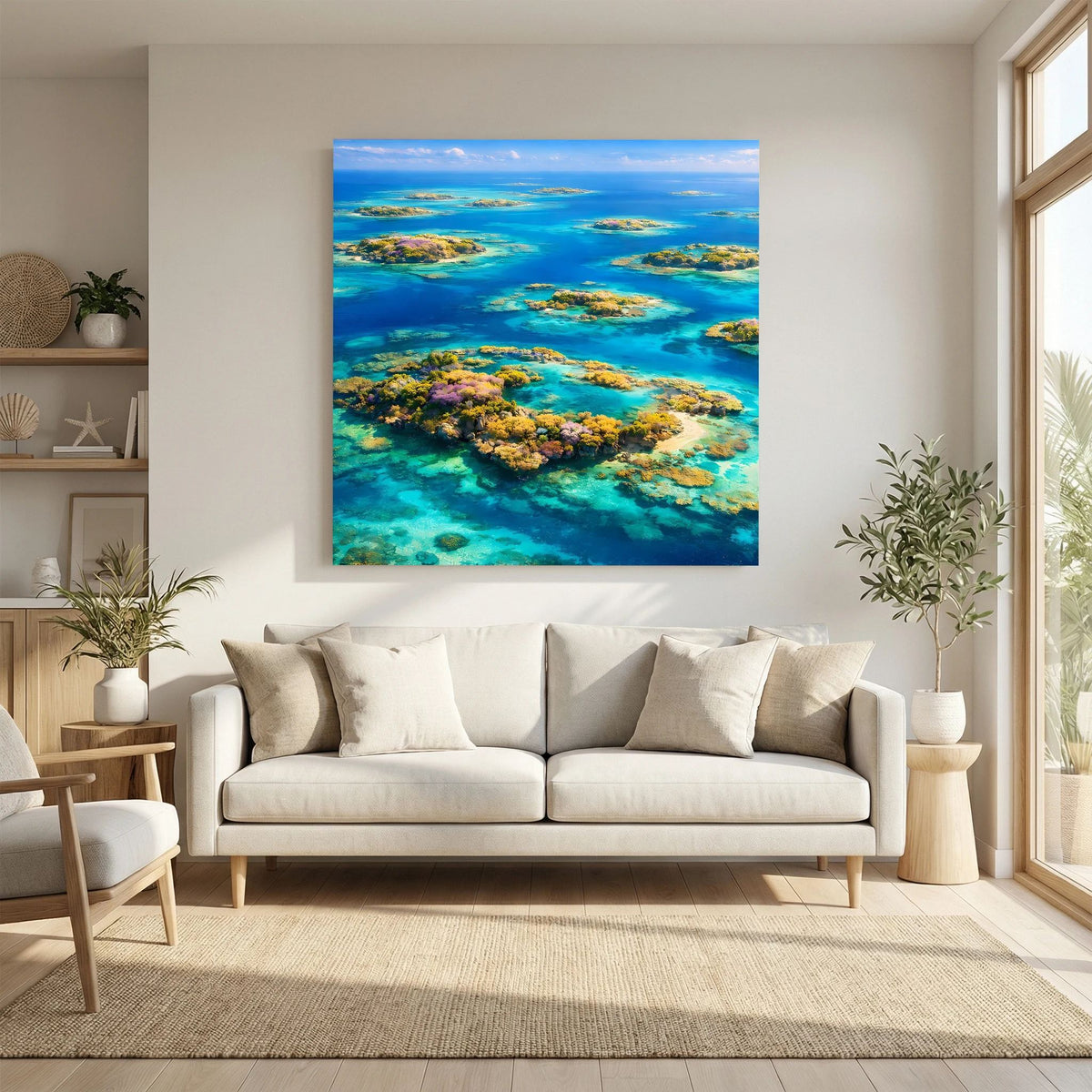 Wandbild mit paradiesischer Inselwelt auf Holzkeilrahmen, weites Atoll-Motiv in Blau und Türkis