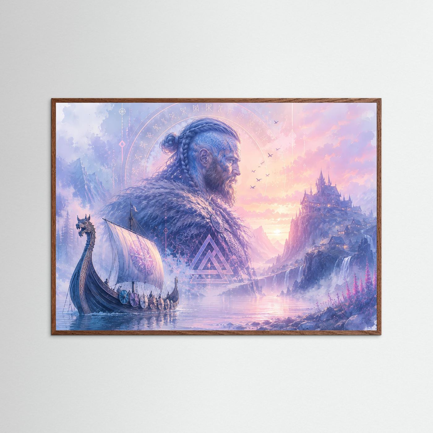 Mystischer Wikinger vor Nordischer Burg | Fantasy Viking Poster Querformat