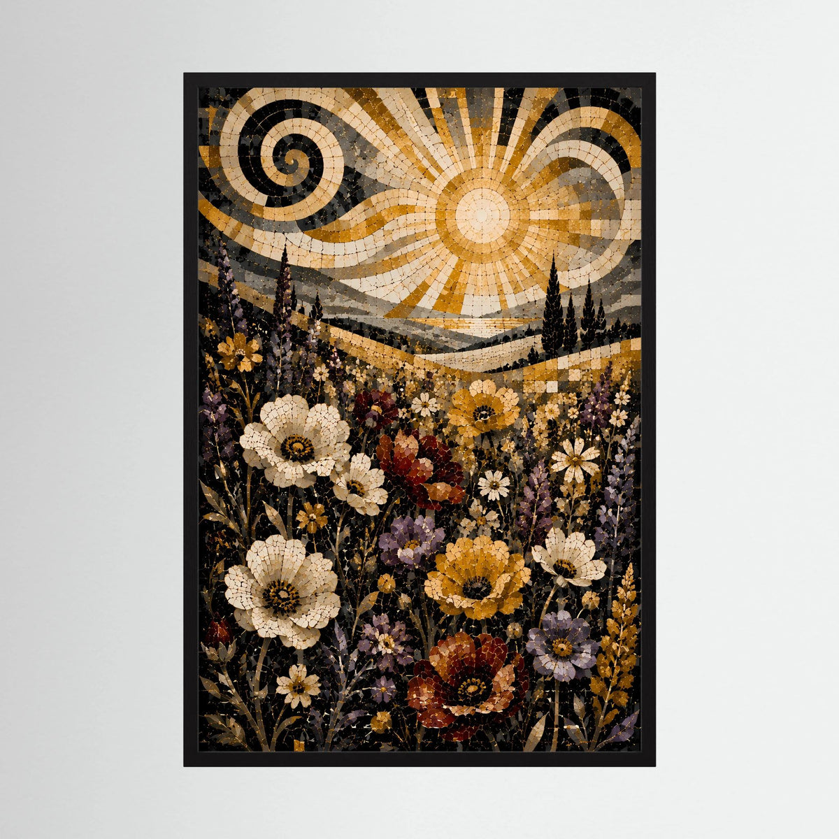 Poster im Hochformat mit Mosaik-Motiv: goldene Sonne über Wildblumen, schwarzer Rahmen