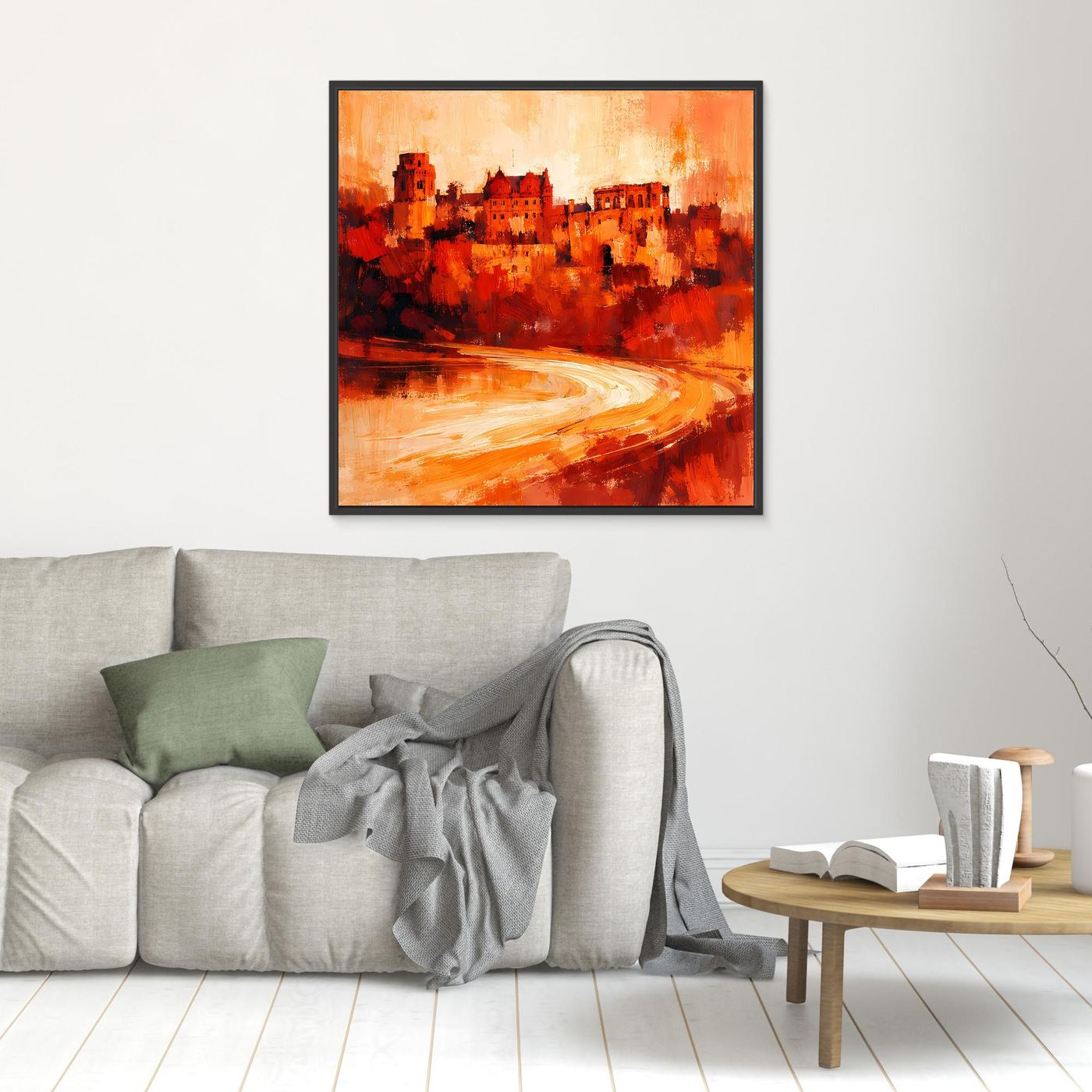 Leinwand Heidelberger Schloss im Abendlicht | Abstraktes Rot‑Ocker Wandbild mit Struktur und Tiefe