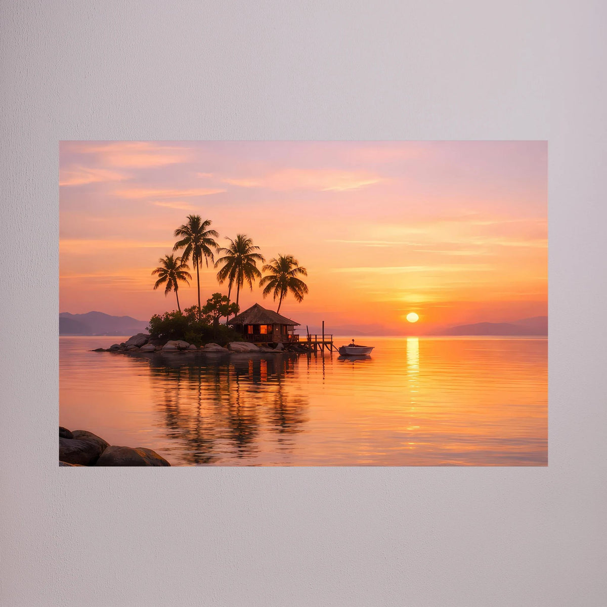 Wandposter-Print mit tropischer Insel, Palmen und goldener Sonne über ruhigem Meer