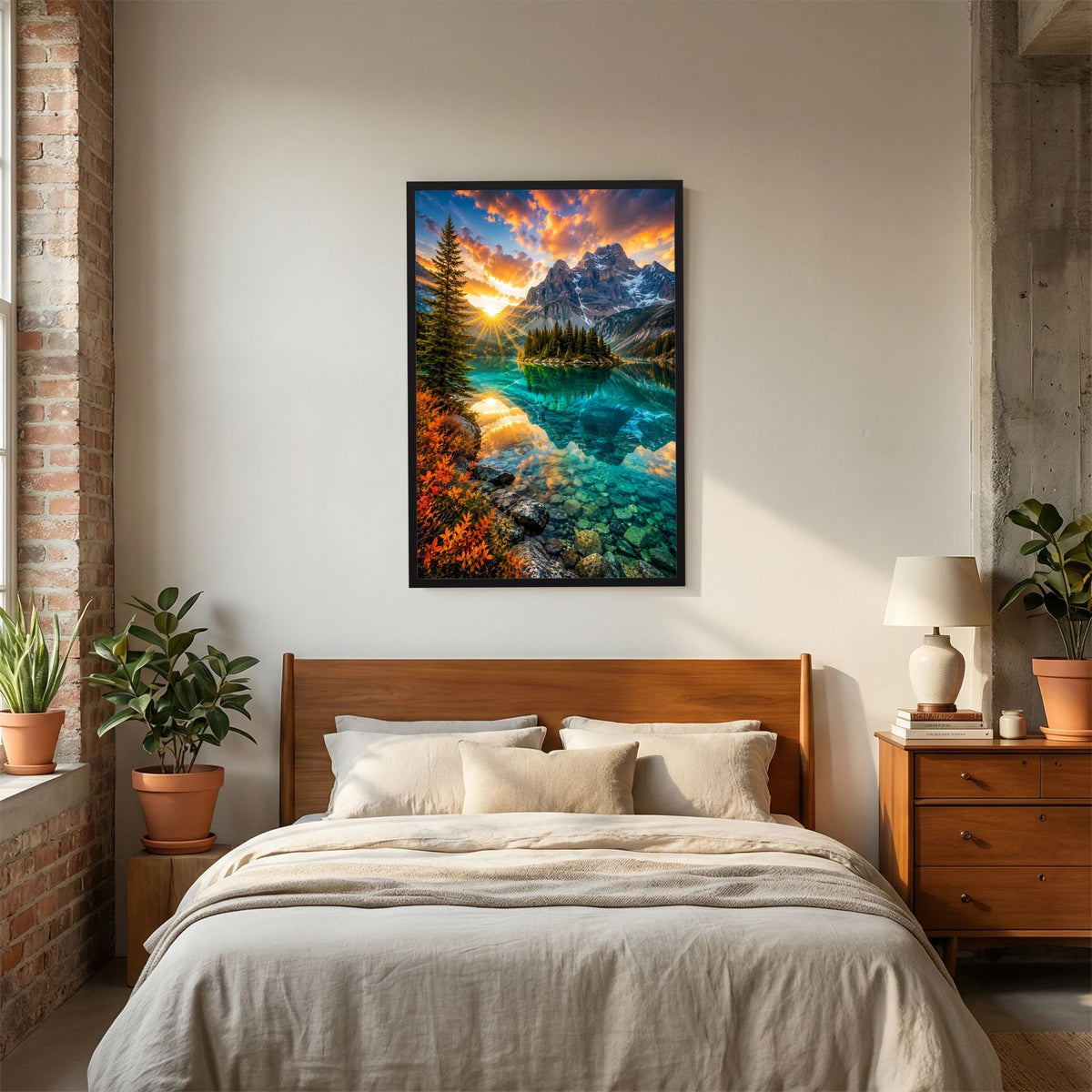 Türkiser Bergsee bei Sonnenuntergang | Majestätische Berglandschaft mit Spiegelung | Poster Hochformat