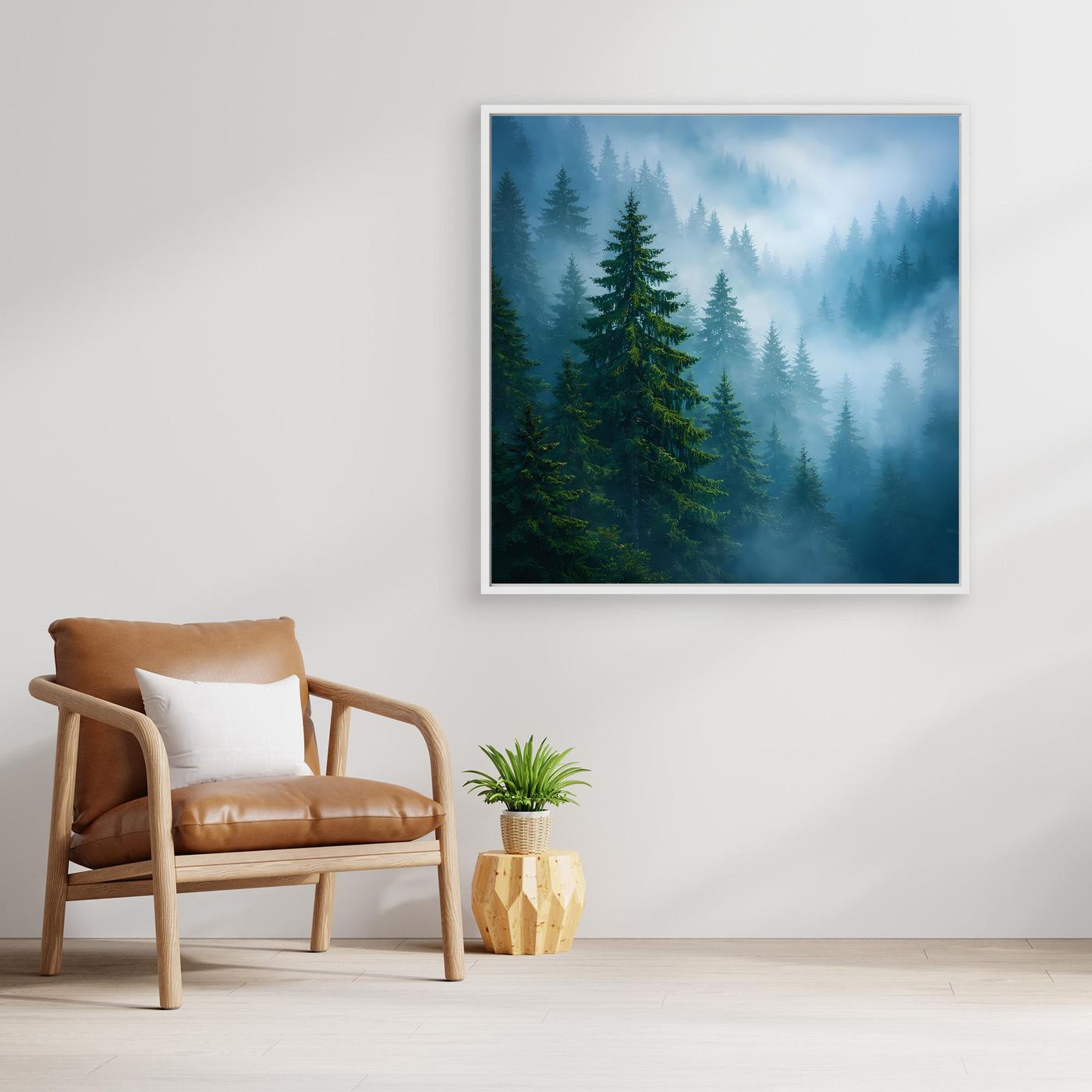 Leinwandbild mit Tannenwald-Motiv und Nebel, rechteckig, weißer Rahmen