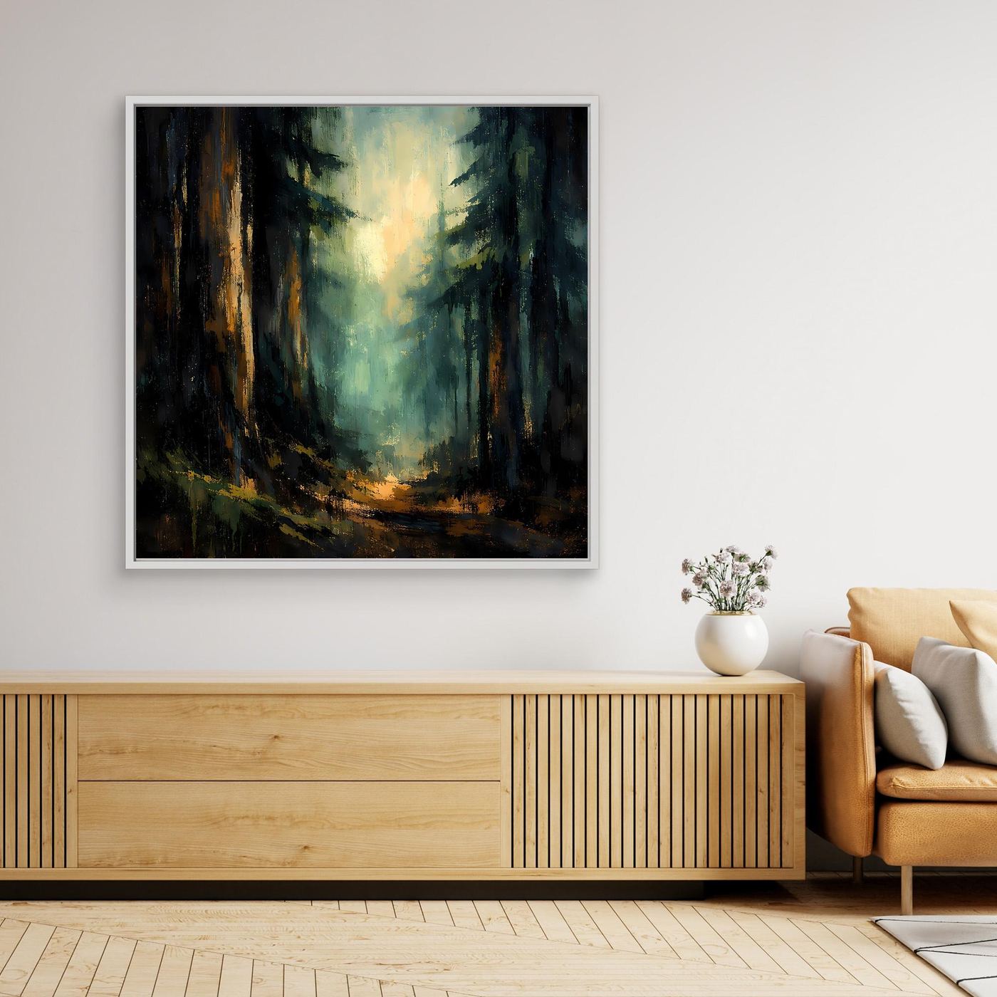 Gerahmtes Leinwand-Wandbild mit abstraktem Tannenwald und Licht, weißer Rahmen
