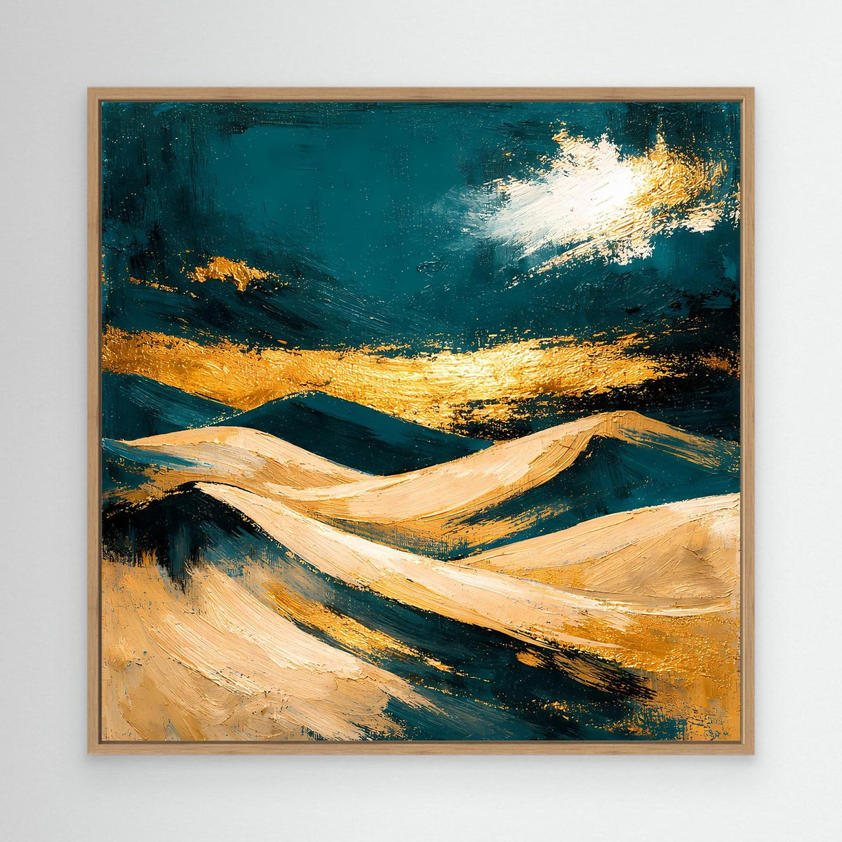Gerahmtes Leinwand-Wandbild mit Dünen, Petrol, Beige und Gold, kräftiger Farbauftrag
