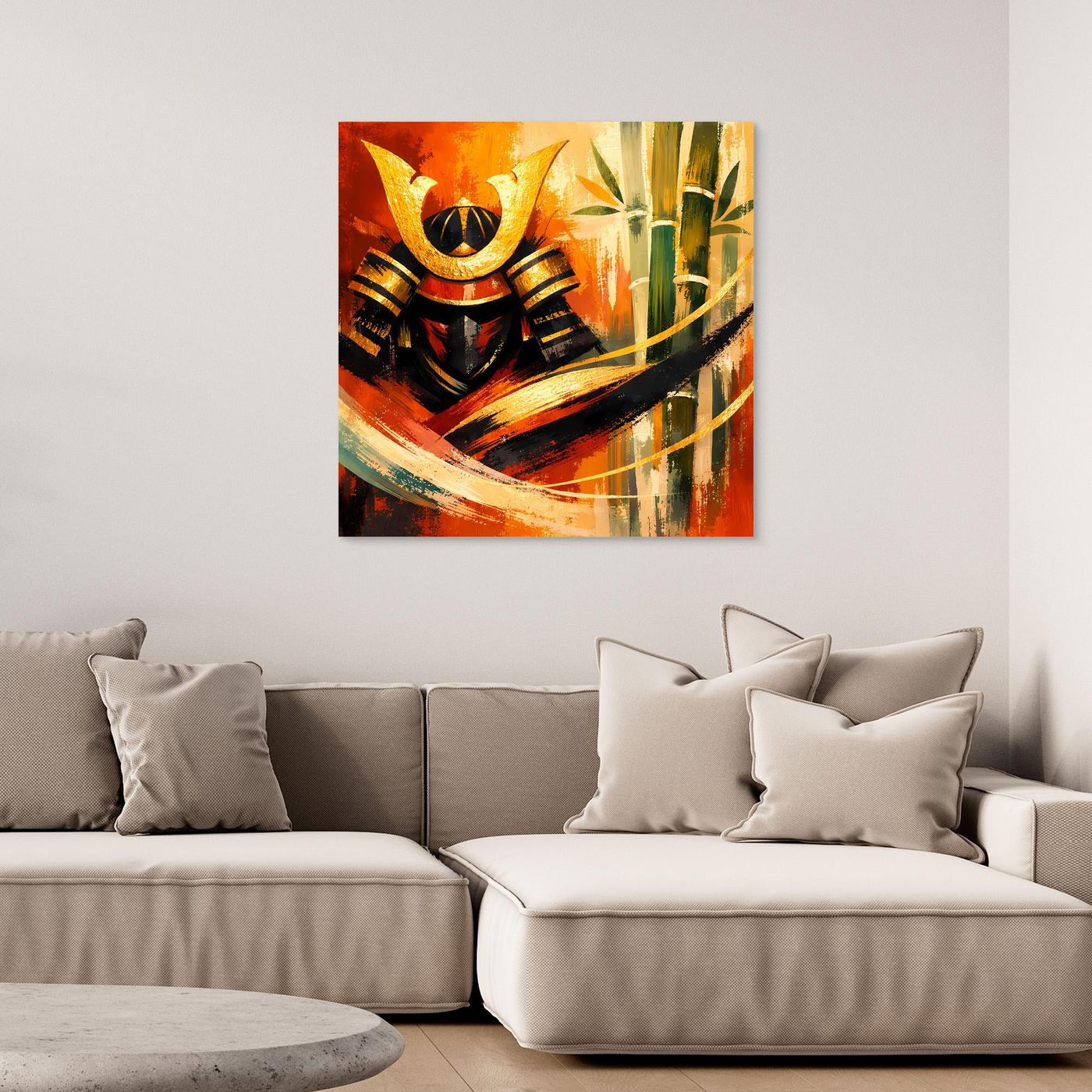 Gerahmtes Leinwand-Wandbild mit abstraktem Samurai und Bambus, orange-schwarz-gelb