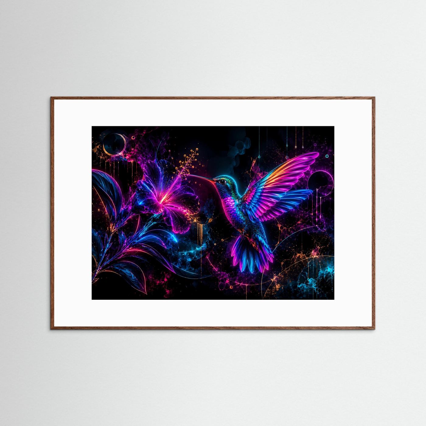Neon-Kolibri mit Blüte | Futuristische Wandkunst in Pink, Blau & Violett