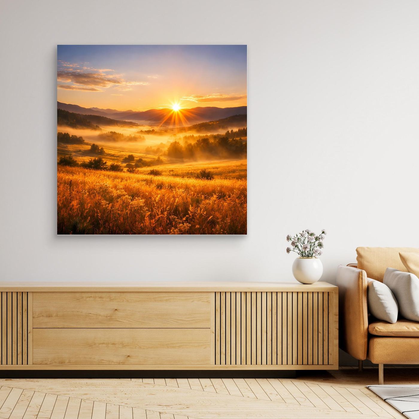 Leinwandbild Sonnenaufgang im Bergtal ohne Rahmen, goldene Felder und Sonnenstern