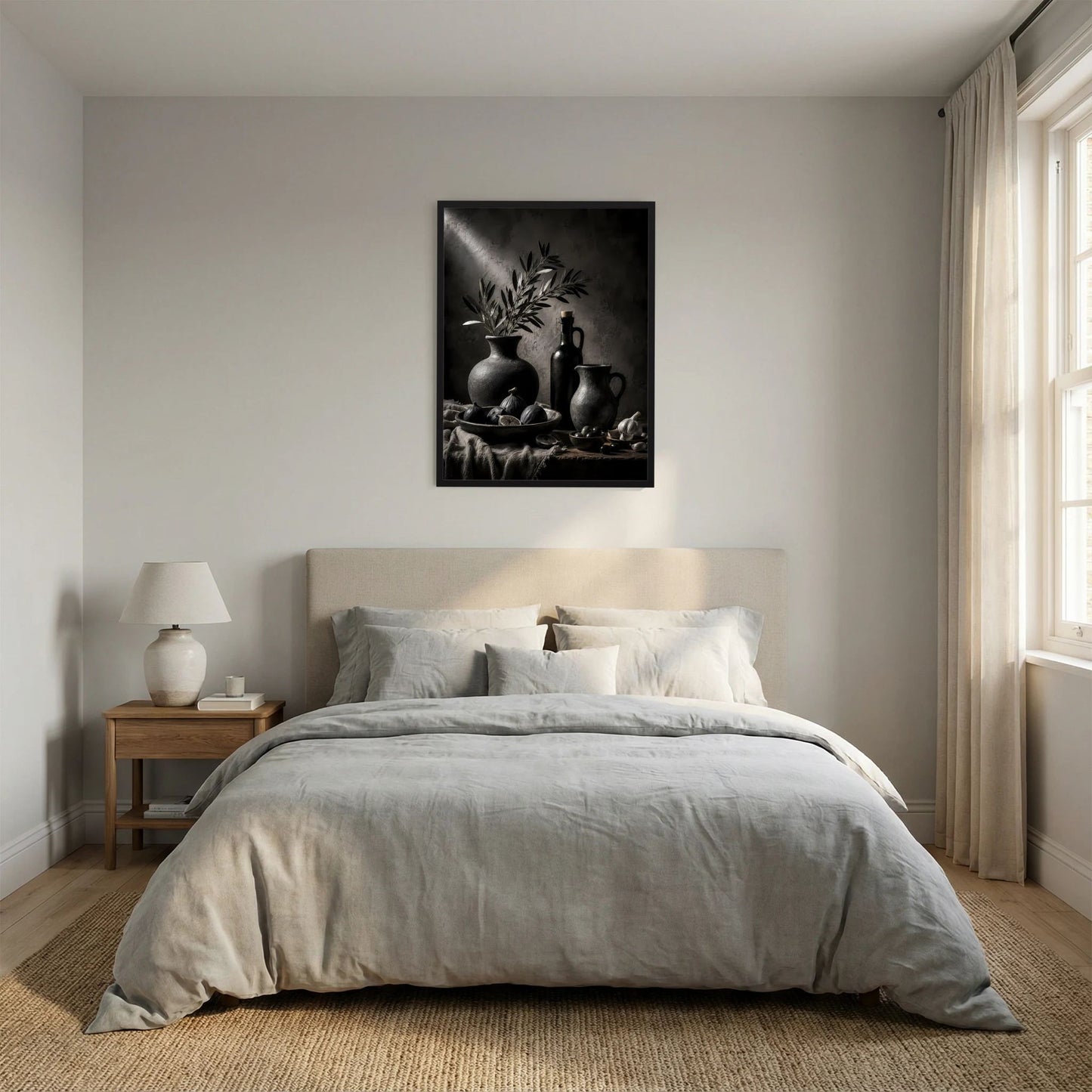 Gerahmtes quadratisches Poster mit schwarzem Stillleben: Olivenzweige und Keramik.