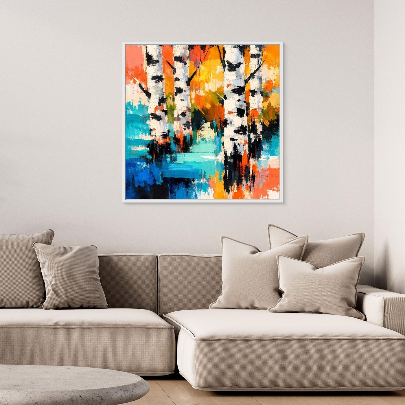 Unframed abstract birch forest canvas art with turquoise, orange, and black textured lines.