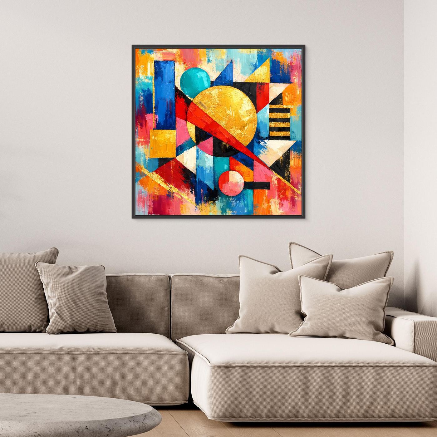 Leinwandbild mit schwarzem Rahmen, abstrakte geometrische Formen in Rot, Blau und Gelb