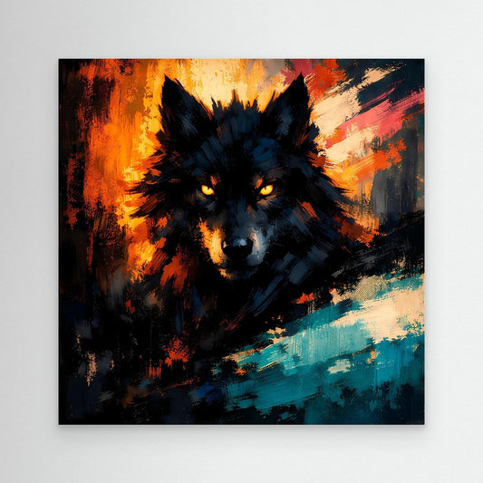 Wandbild mit abstraktem Wolfkopf, dunklem Fell, orangefarbenes Feuer und türkisfarbener Landschaft