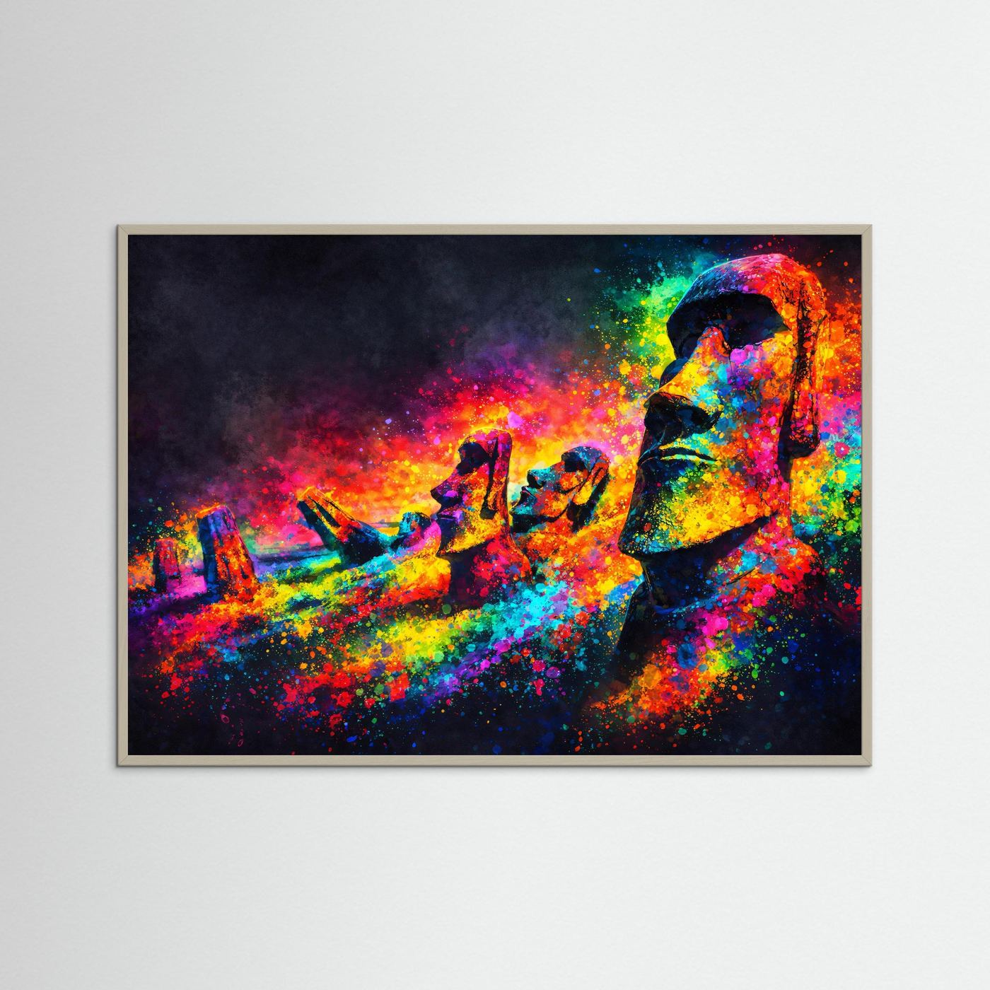 Farbenprächtige Moai Statuen Reihe | Neon Pop Art & Osterinsel Wandbild Querformat