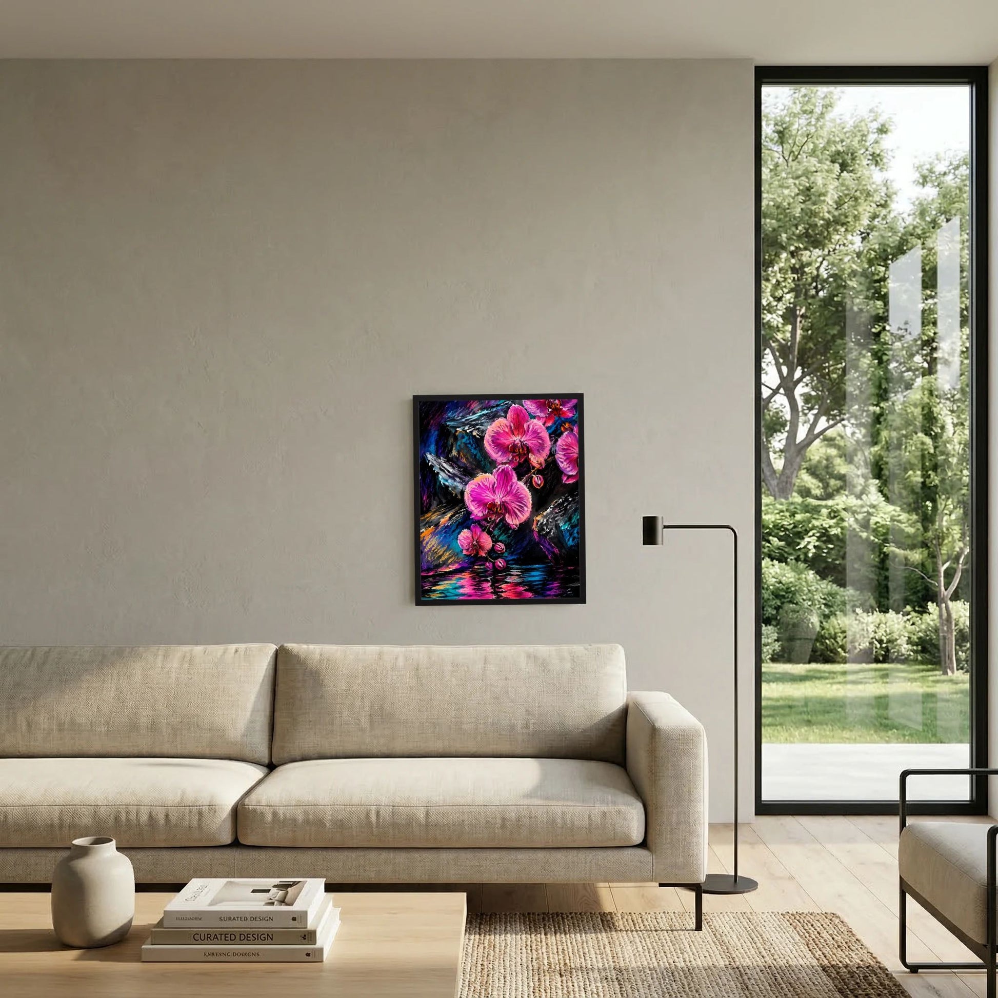 Blumenposter mit schwarzem Rahmen: pinke Orchideen mit leuchtendem Farbkontrast