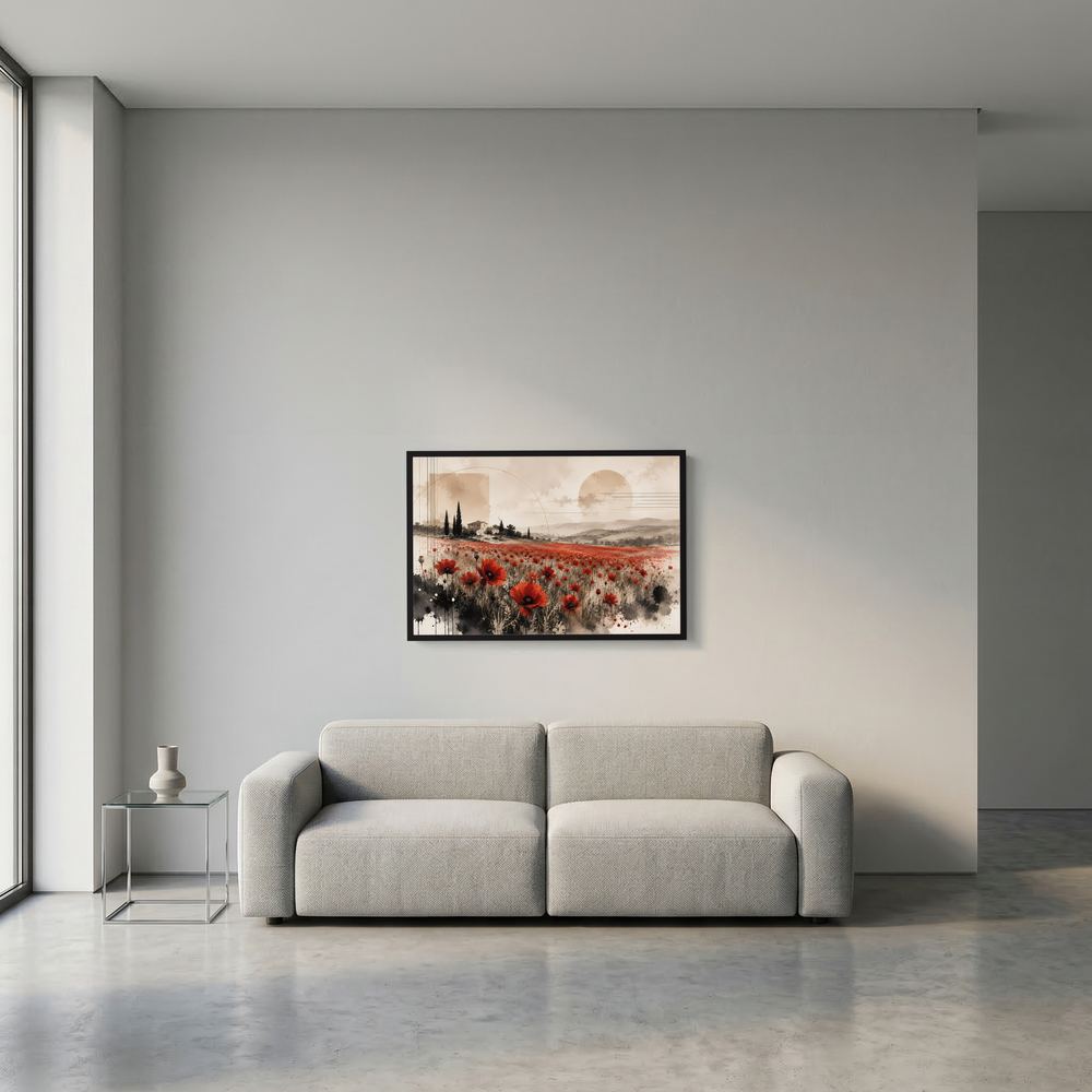 Gerahmtes Querformat-Poster mit Mohnblumenfeld in Rot und Beige, schwarzer Rahmen