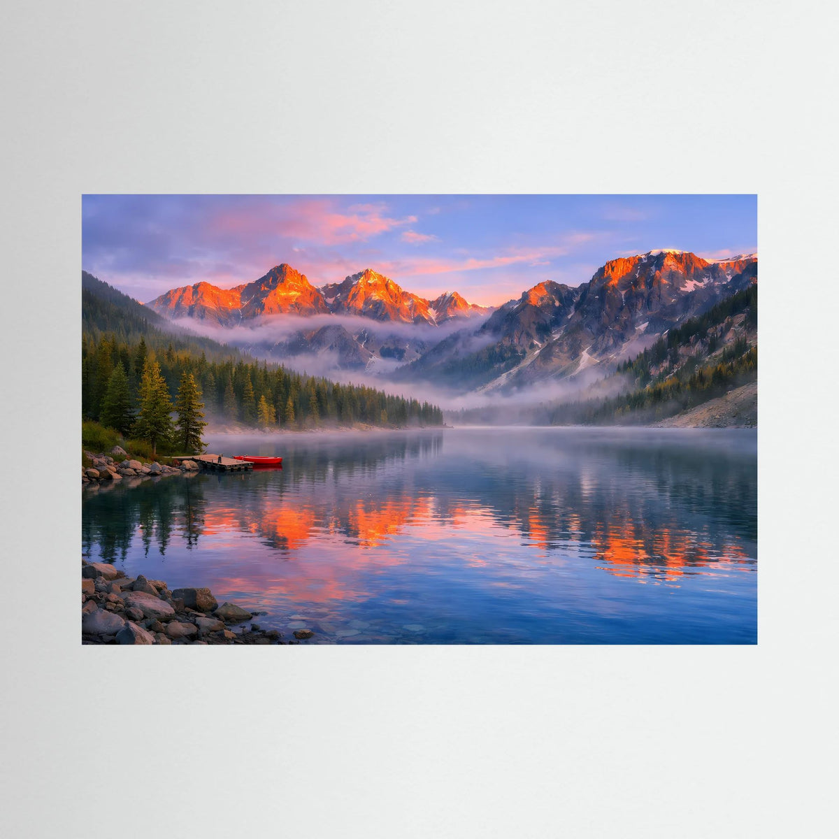 Wandbild im Querformat: Alpenpanorama mit Bergen, See, Nebel und orangefarbenem Sonnenaufgang.