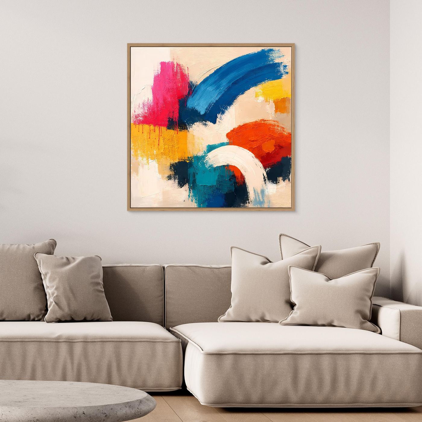 Abstract canvas wall art with colorful brushstrokes in a light wood frame