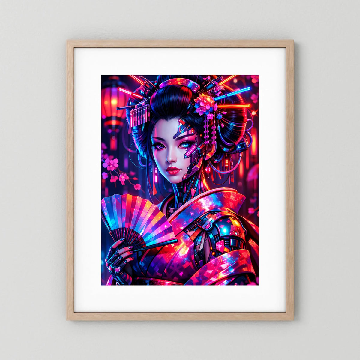 Neonkunst-Poster Cyber-Geisha, hellbrauner Holzrahmen, weißes Passepartout, Hochformat.