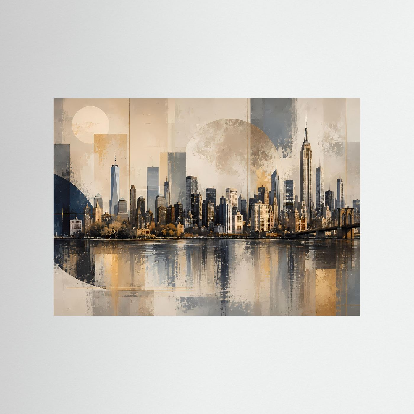 Moderne Skyline von New York in Beige & Gold | Architektur & Stadt-Wandbild