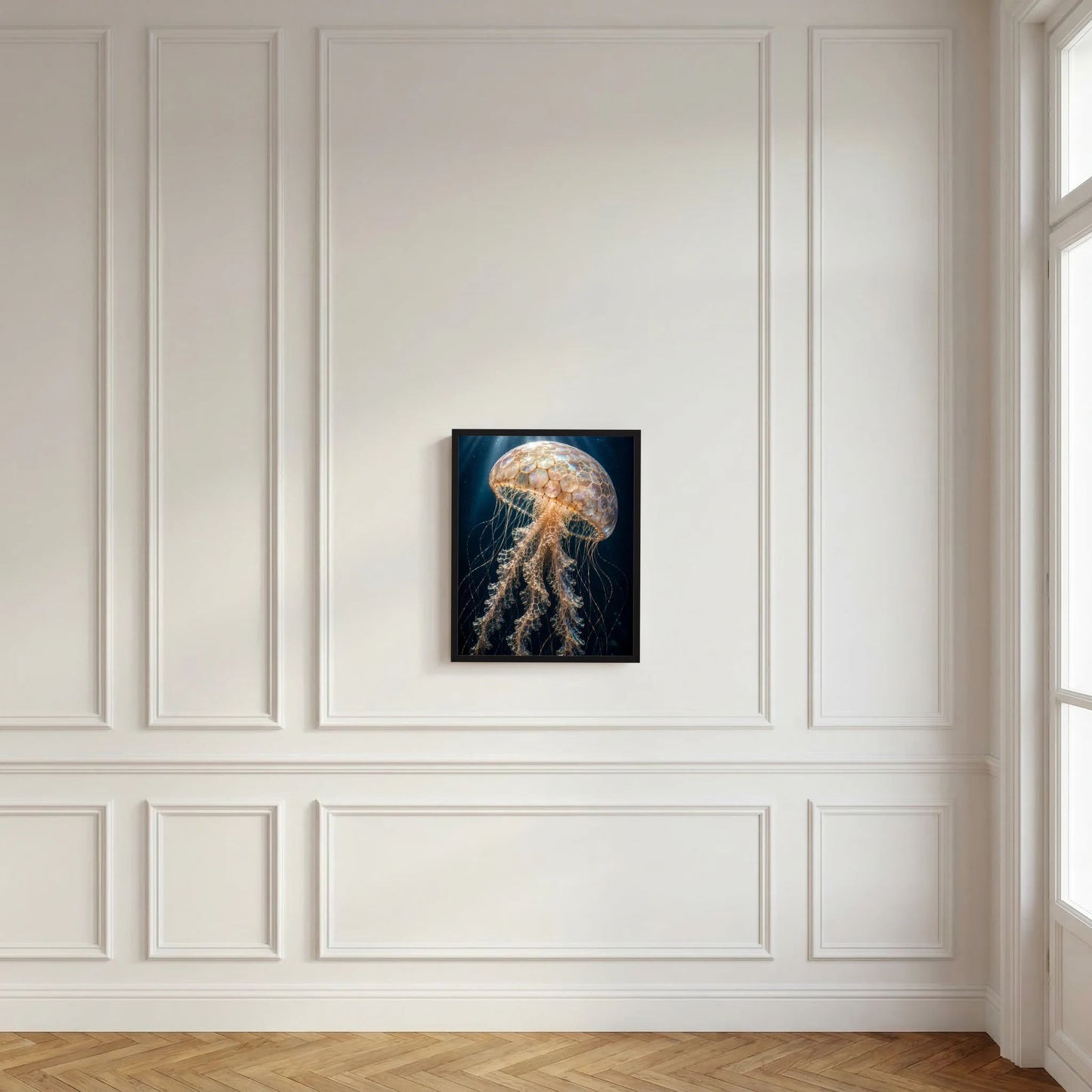 Wandposter im Hochformat mit leuchtender Qualle, perlmuttschimmerndes Gold und feine Tentakel