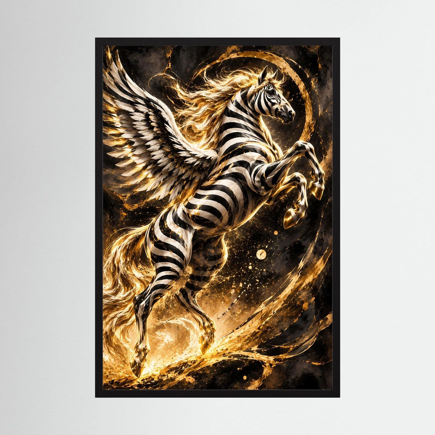 Poster Hochformat mit geflügeltem Zebra-Pegasus im schwarzen Rahmen, Schwarz-Weiß, Gold