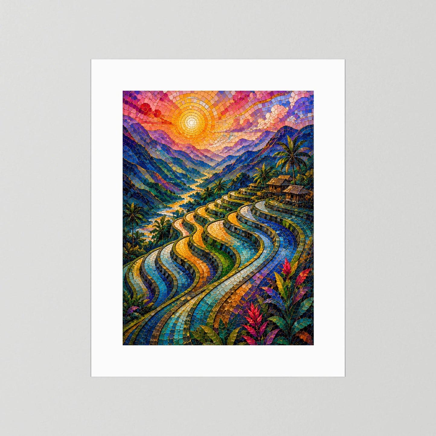 Reisterrassen im Sonnenuntergang | Farbenfrohe Mosaik Landschaft | Poster Hochformat