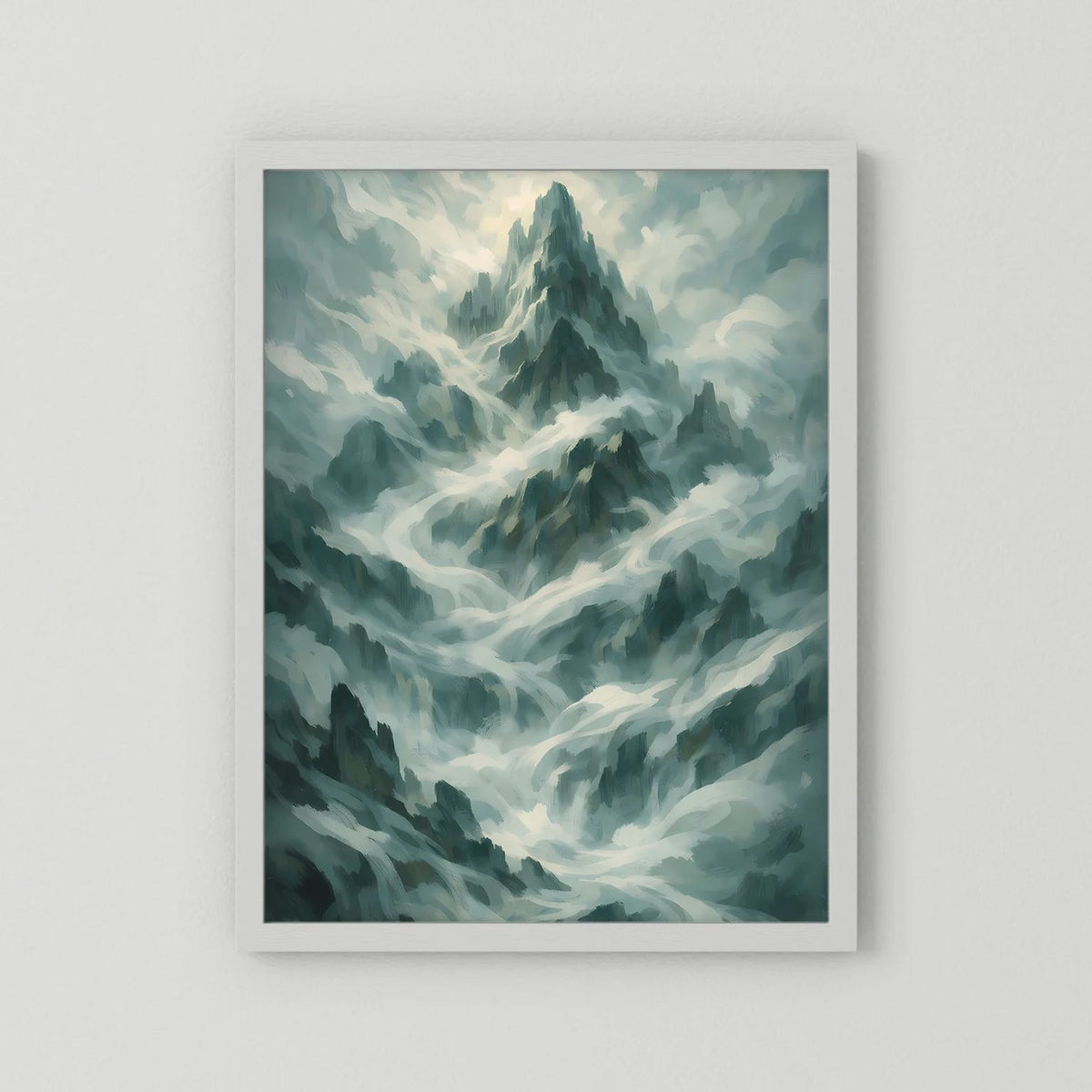 Poster Hochformat mit mystischer Berglandschaft in Salbeigrün und Grau, weißer Rahmen