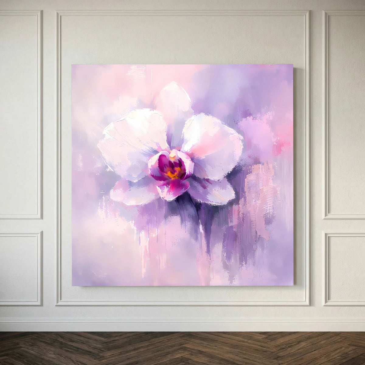 Leinwand-Wandbild Orchideenblüte hinter weißem Rahmen, Pastellviolett und Pink